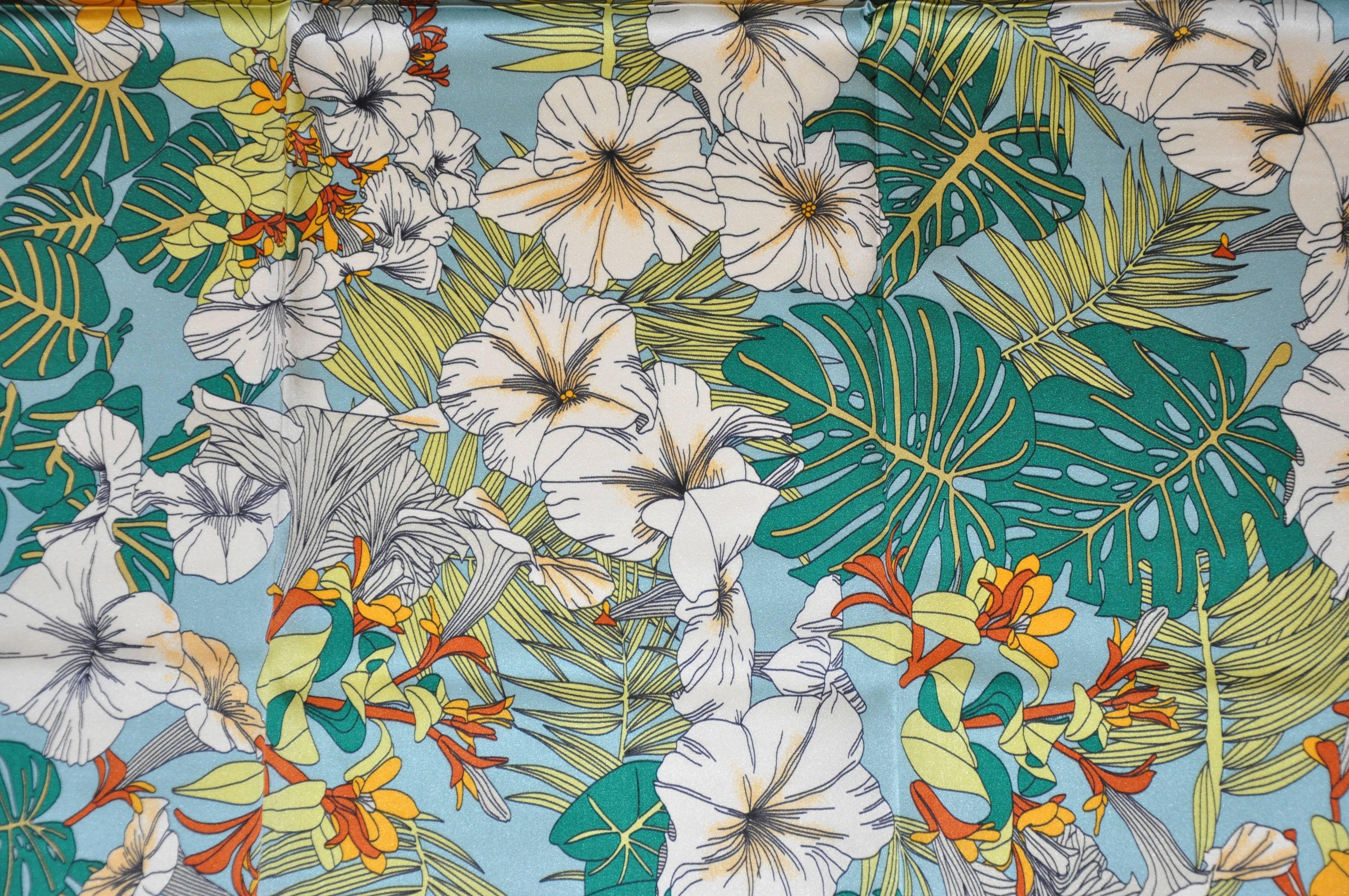 Gray Shades of Green & Multi Color Floral Silk Scarf For Sale