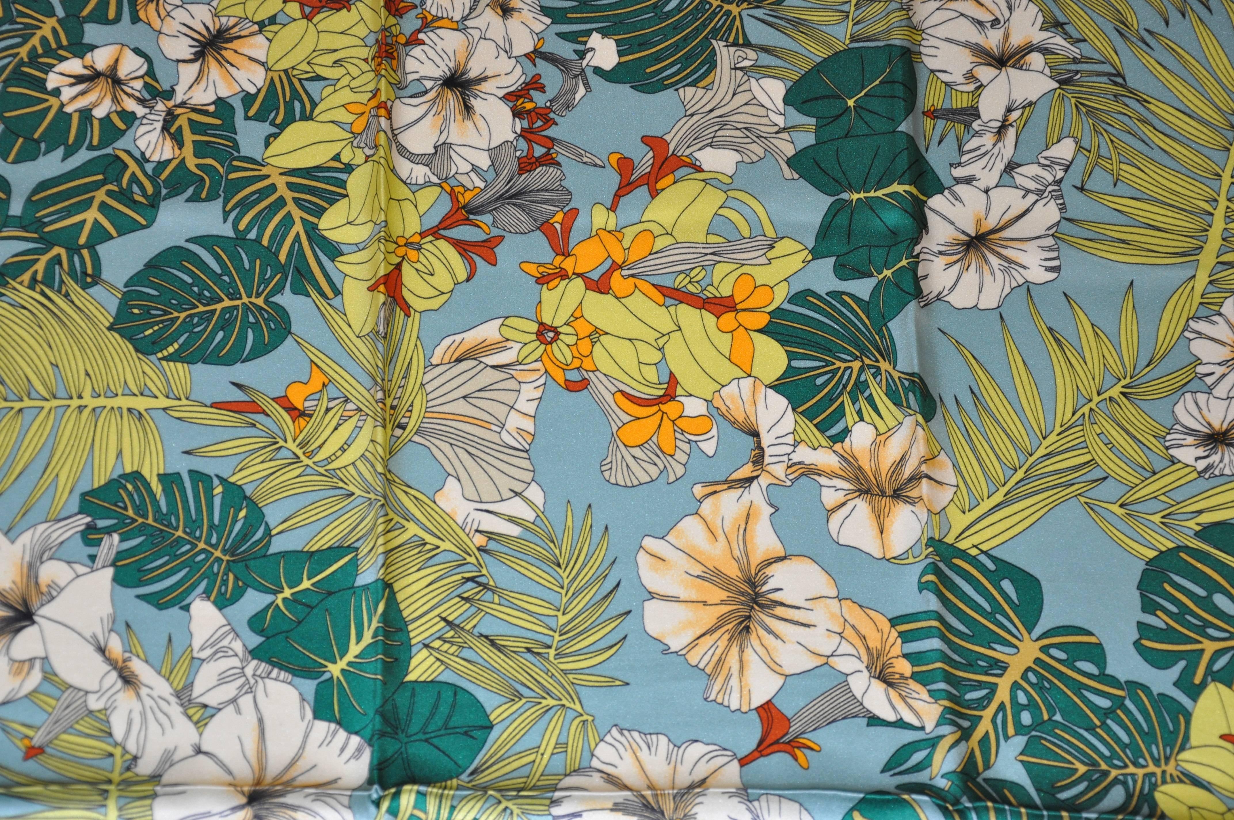 Women's or Men's Shades of Green & Multi Color Floral Silk Scarf For Sale