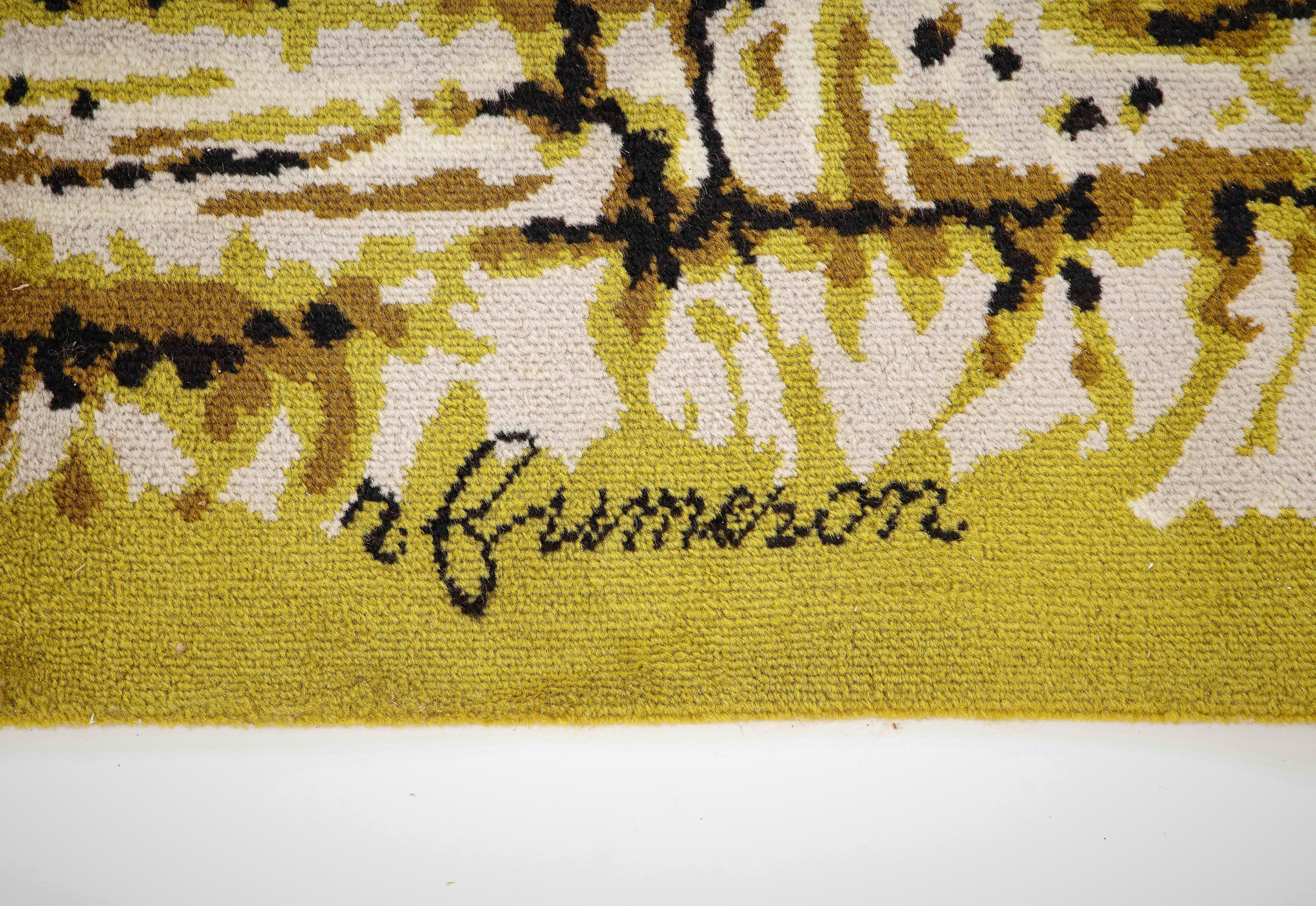 Shades of Green & Brown René Fumeron Signed Rug - France 1960's In Good Condition For Sale In New York, NY