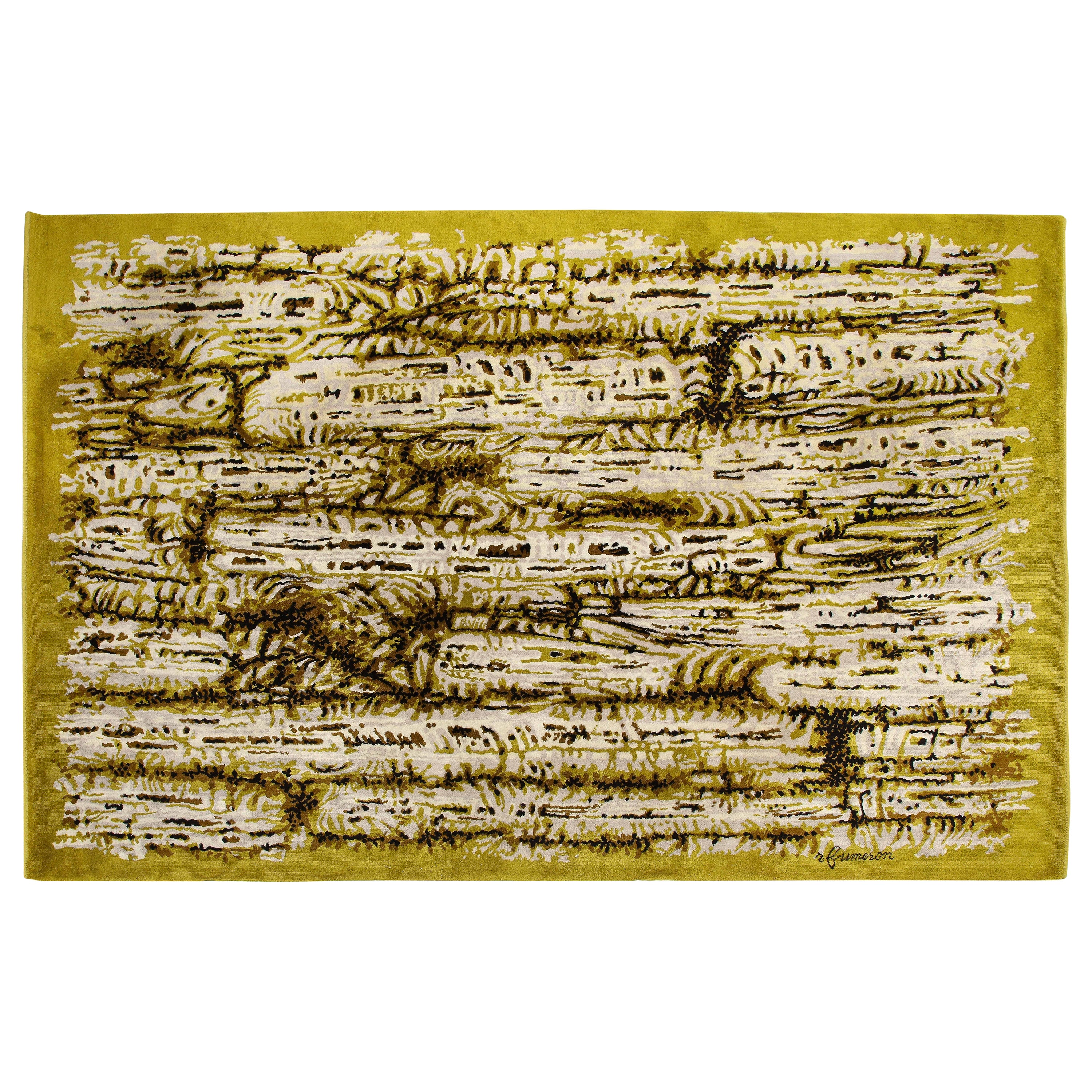 Shades of Green & Brown René Fumeron Signierter Teppich - Frankreich 1960er Jahre im Angebot