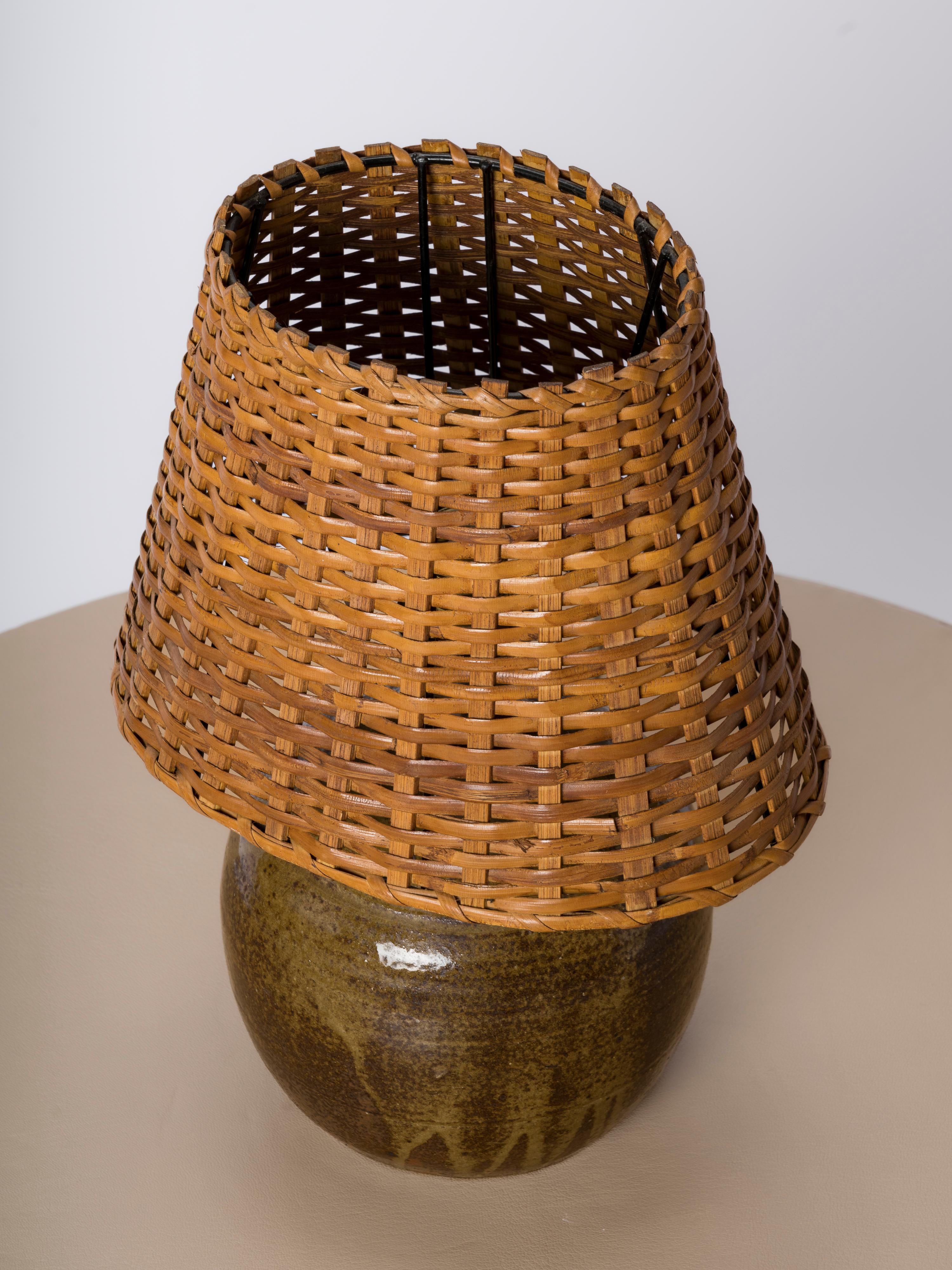 French Shades of Green Petite Ceramic Table Lamp w. Wicker Shade - France 1970's