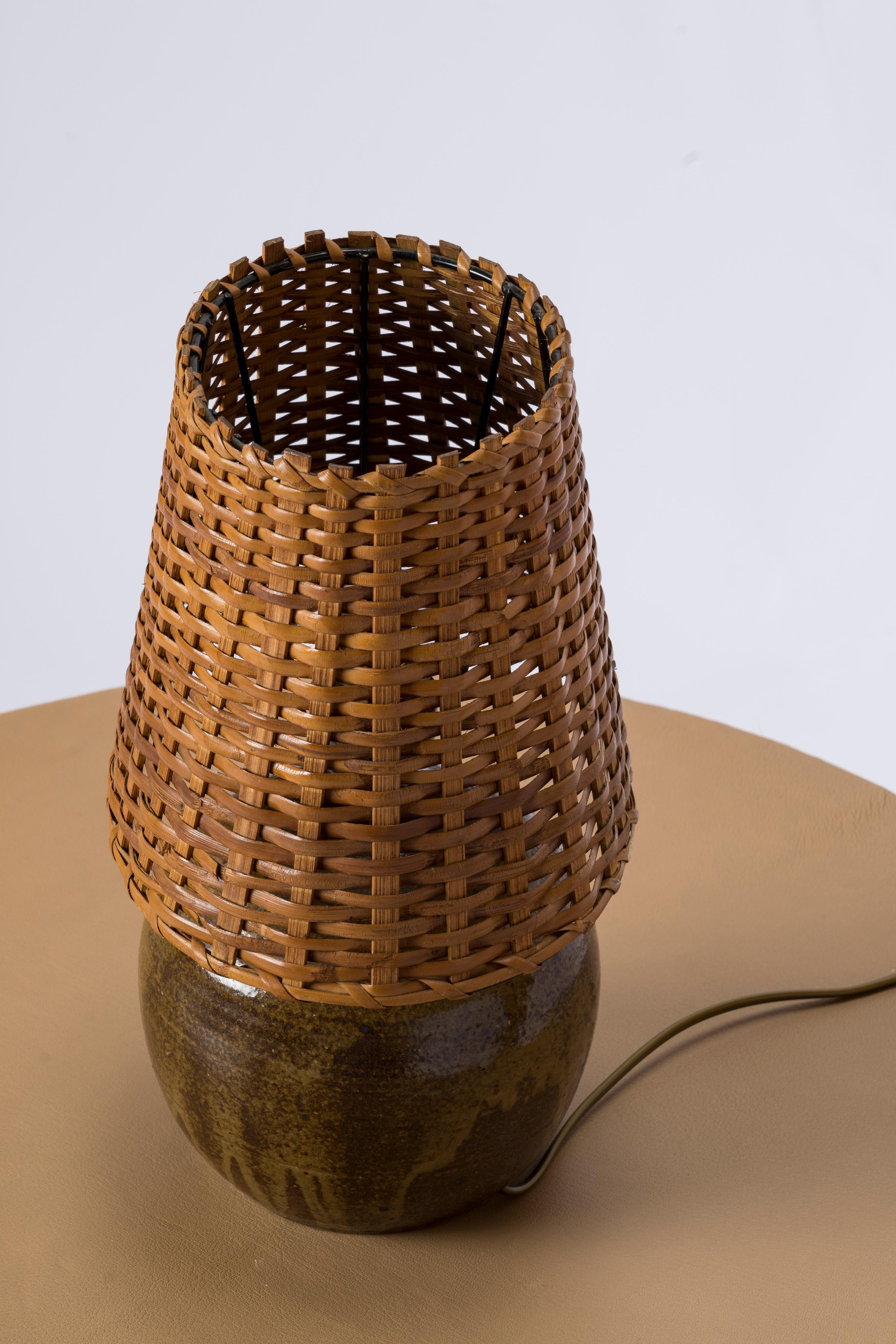 Late 20th Century Shades of Green Petite Ceramic Table Lamp w. Wicker Shade - France 1970's For Sale