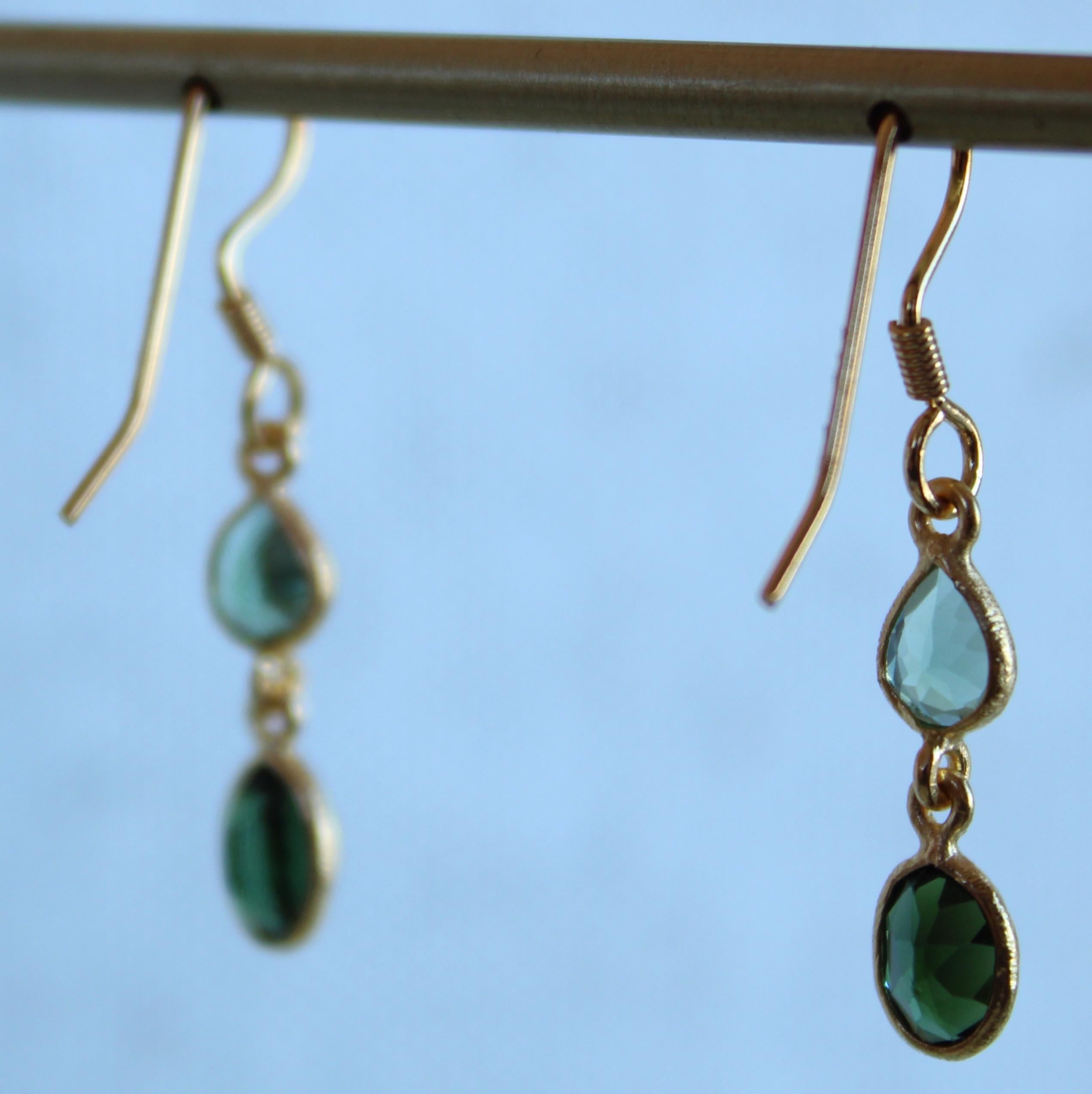 Modern Shades of Green Tourmaline Two Stone 14K Gold French Wire Dangle Earrings For Sale