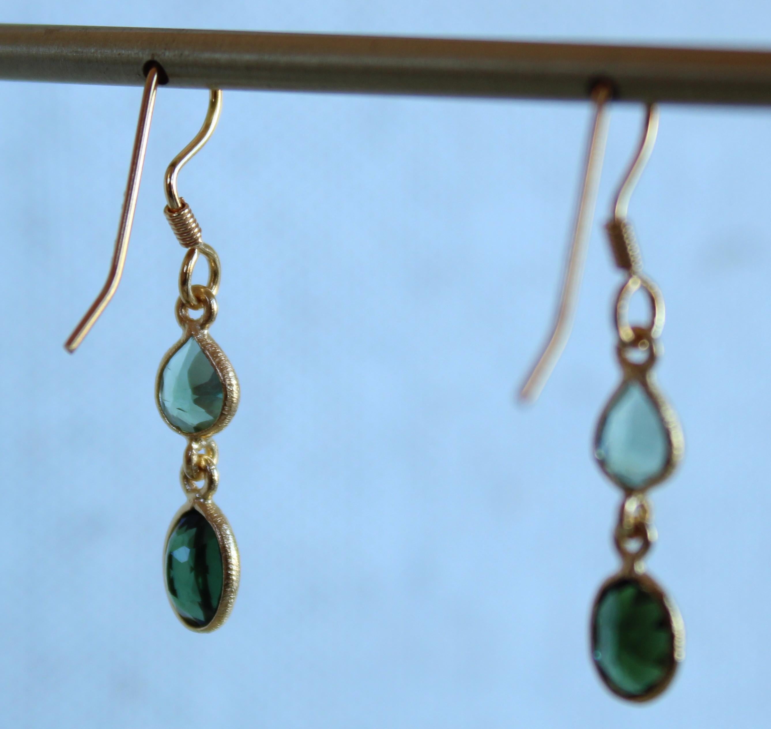 Oval Cut Shades of Green Tourmaline Two Stone 14K Gold French Wire Dangle Earrings For Sale