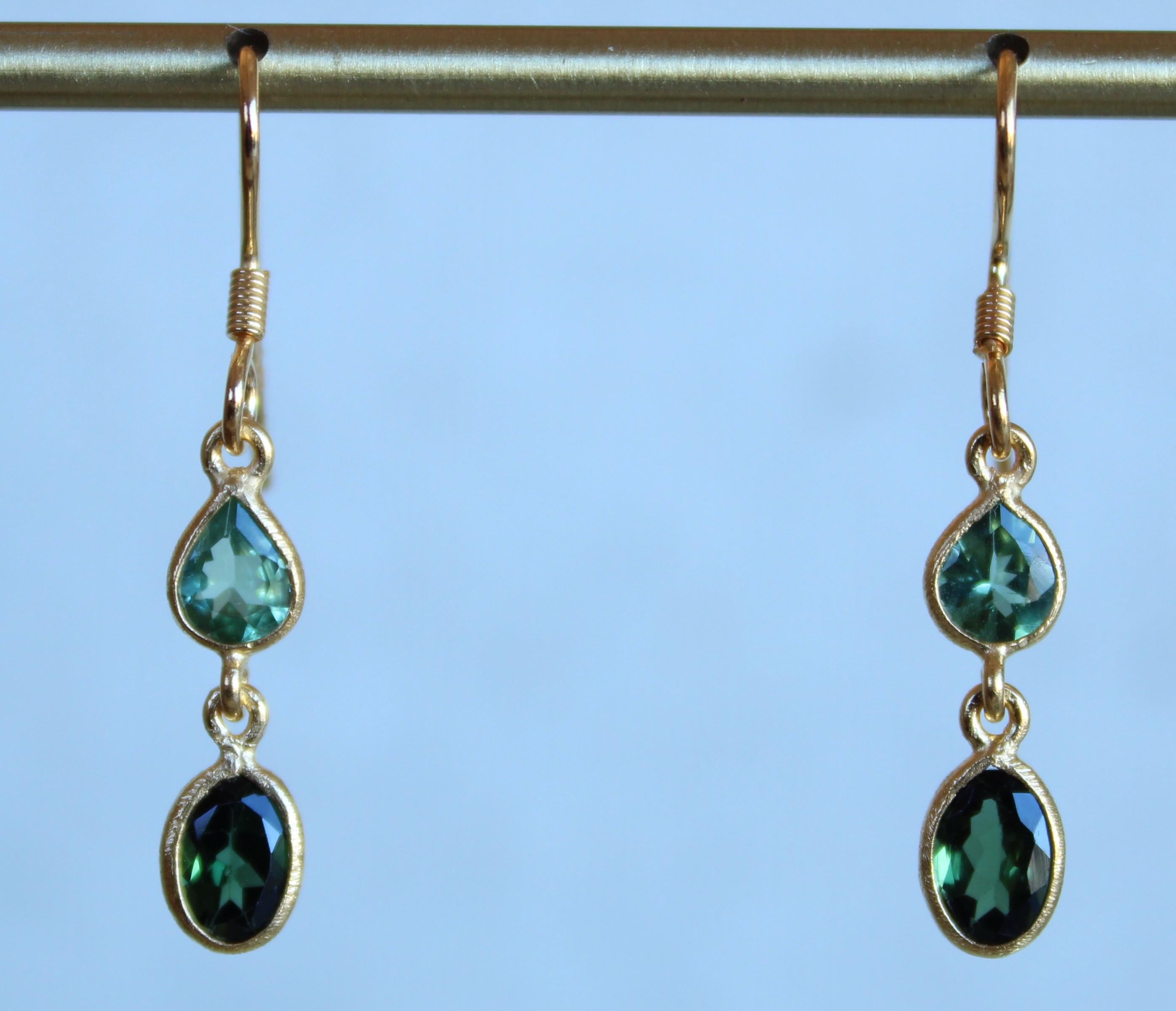 Shades of Green Tourmaline Two Stone 14K Gold French Wire Dangle Earrings In New Condition For Sale In Amagansett, NY