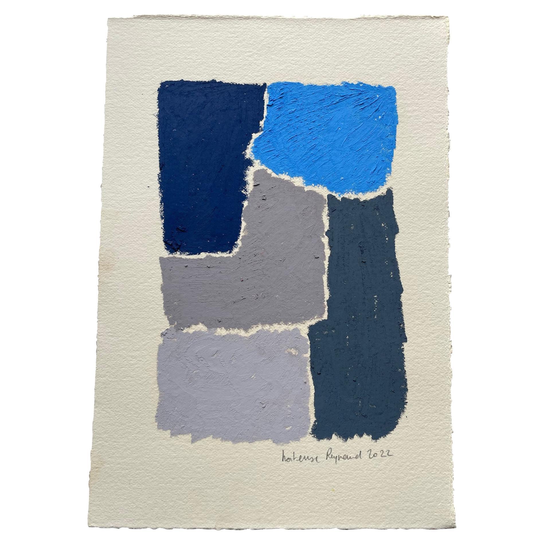 Contemporary French artist Hortense Reynaud.
Abstract painting using oil pastels in shades of grey and blue which give 
a very rich and creamy finish.
Thick quality paper.
Newly framed.
From a large collection of her work.
Signed by the
