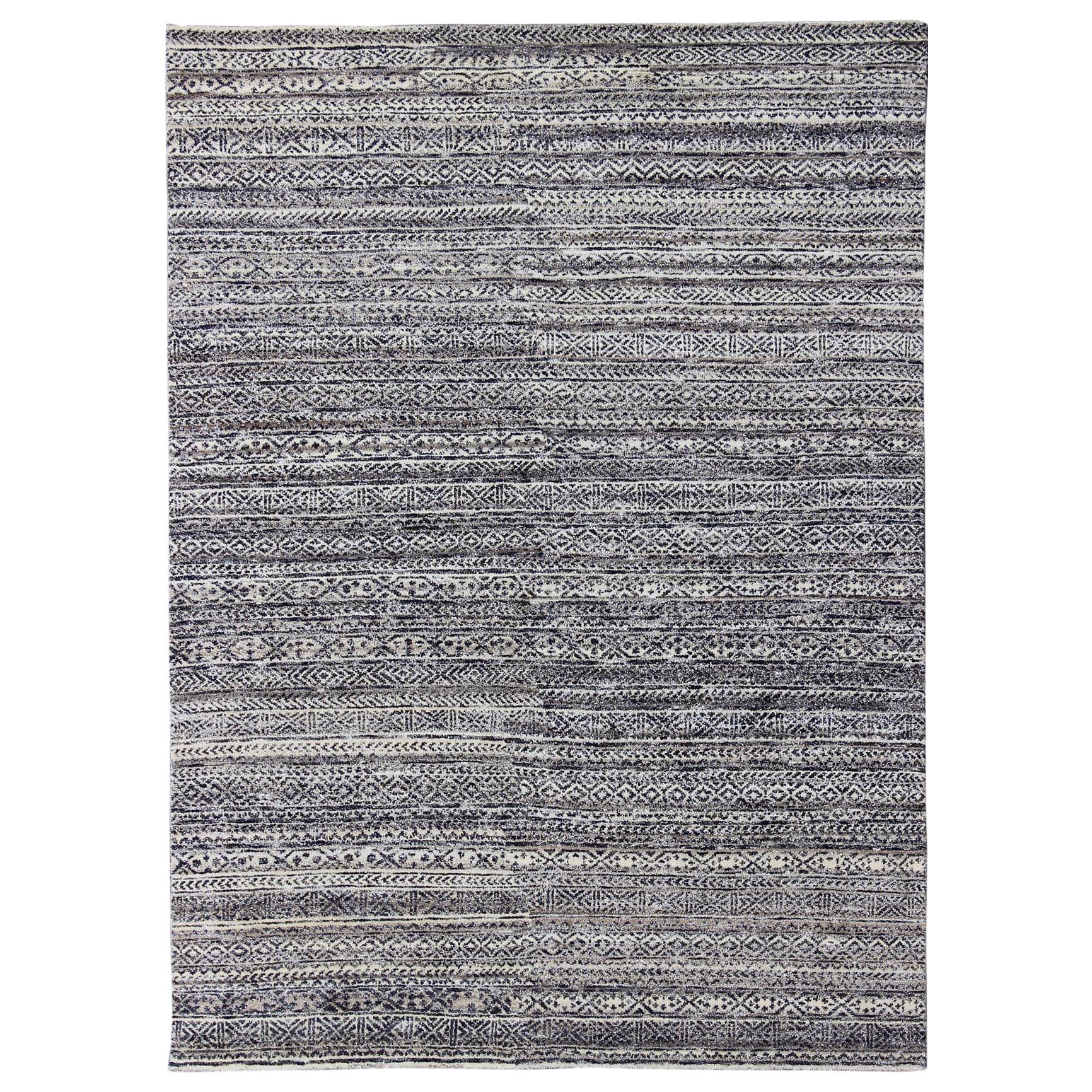 Shades of Midnight Blue, Royal Blue and Charcoal Modern Design Piled Rug For Sale