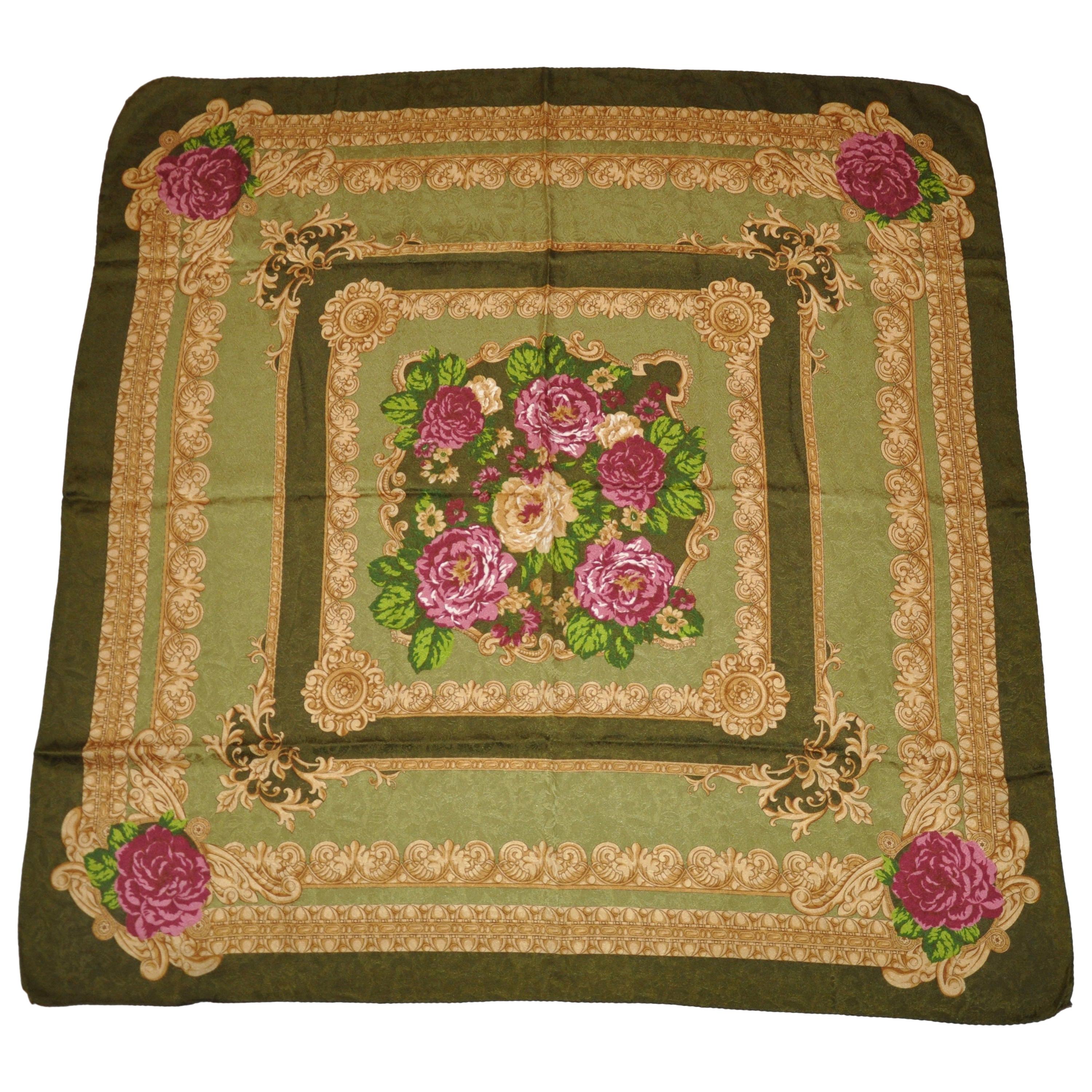 "Shades of Olive Green Among Blooming Floral" Silk Scarf For Sale