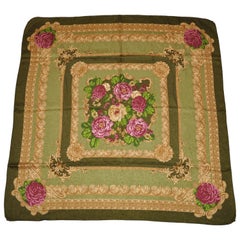 Retro "Shades of Olive Green Among Blooming Floral" Silk Scarf