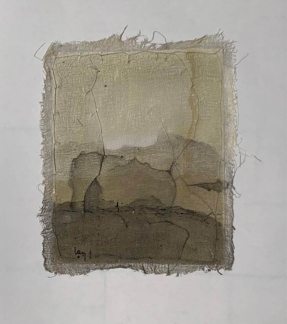 Contemporary Belgian artist Diane Petry creates her own three layer canvas using pima cotton, gauze and fine paper.
Colors are shade olive with neutrals.
Raw edges and applied threads add texture and dimension to the acrylic painting.
All artwork