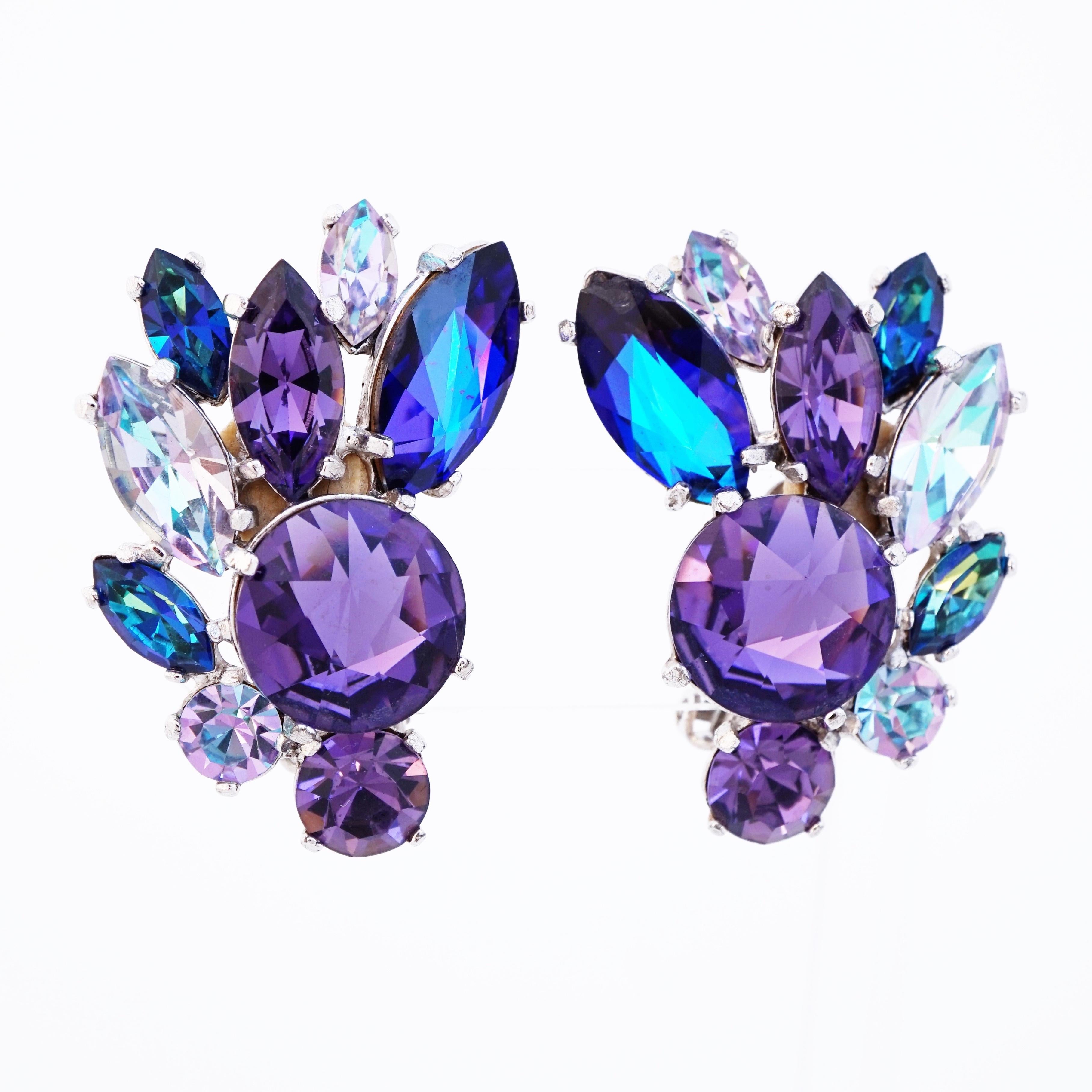 Modern Shades of Purple Crystal Climber Earrings By Elsa Schiaparelli, 1960s