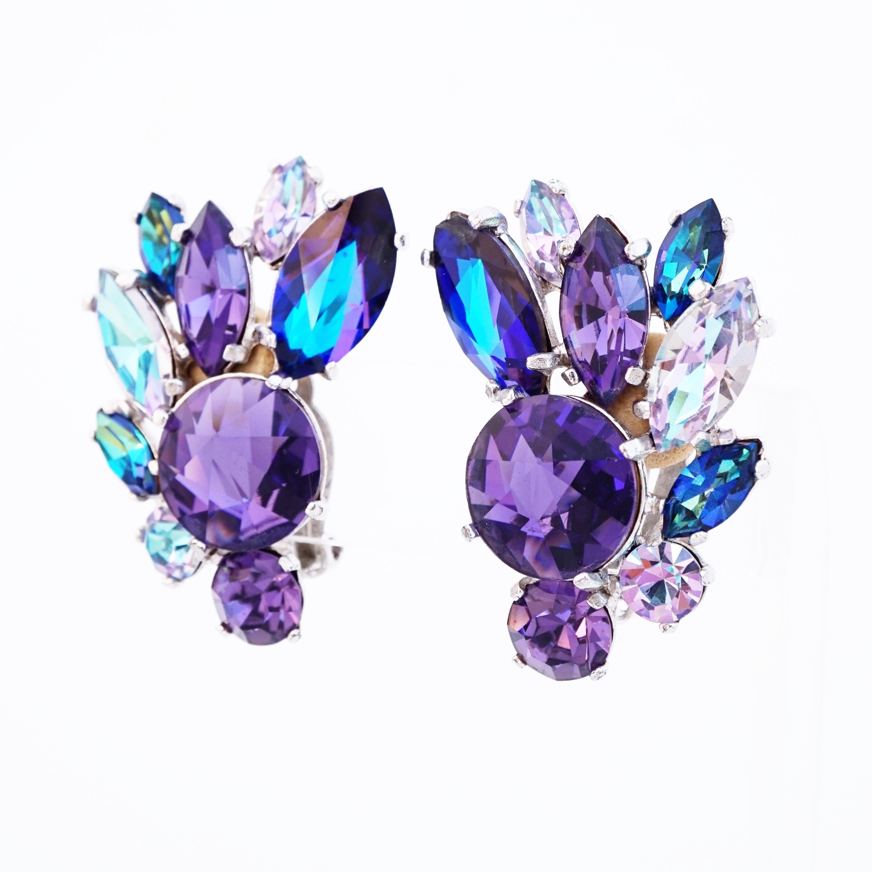 Shades of Purple Crystal Climber Earrings By Elsa Schiaparelli, 1960s In Good Condition In McKinney, TX