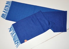 Shades of Rich Lapis-Blue and Herringbone Print Baby Alpaca Fringed Scarf