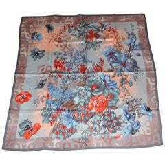 Shades of Steel Gray "Asian Florals" Silk Scarf