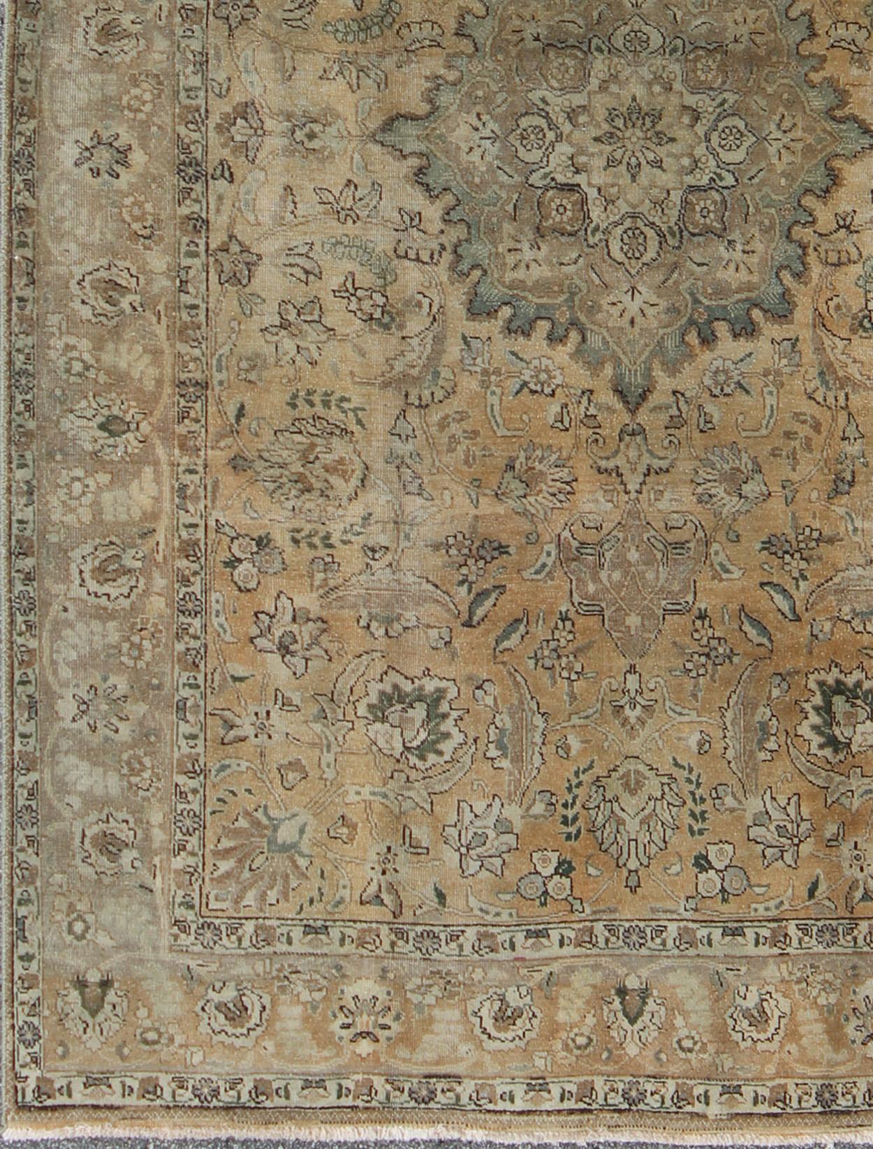Hand-Knotted Shades of Tan, Taupe, Cream and Vintage Persian Tabriz Rug with Medallion Design For Sale