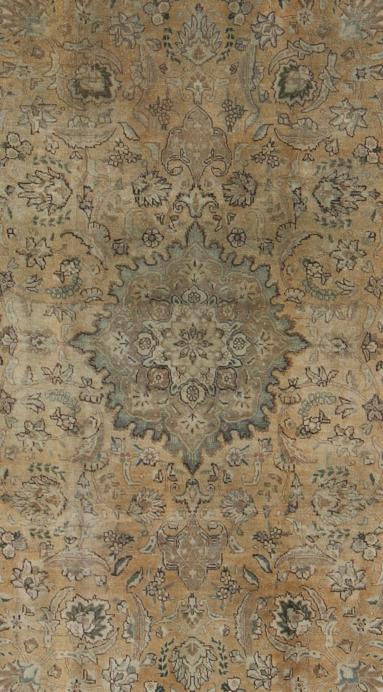 Shades of Tan, Taupe, Cream and Vintage Persian Tabriz Rug with Medallion Design In Good Condition For Sale In Atlanta, GA