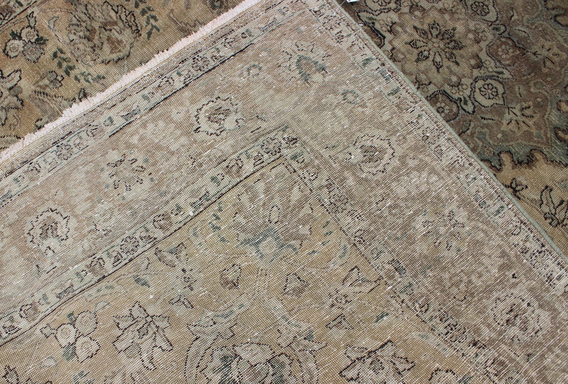 Wool Shades of Tan, Taupe, Cream and Vintage Persian Tabriz Rug with Medallion Design For Sale