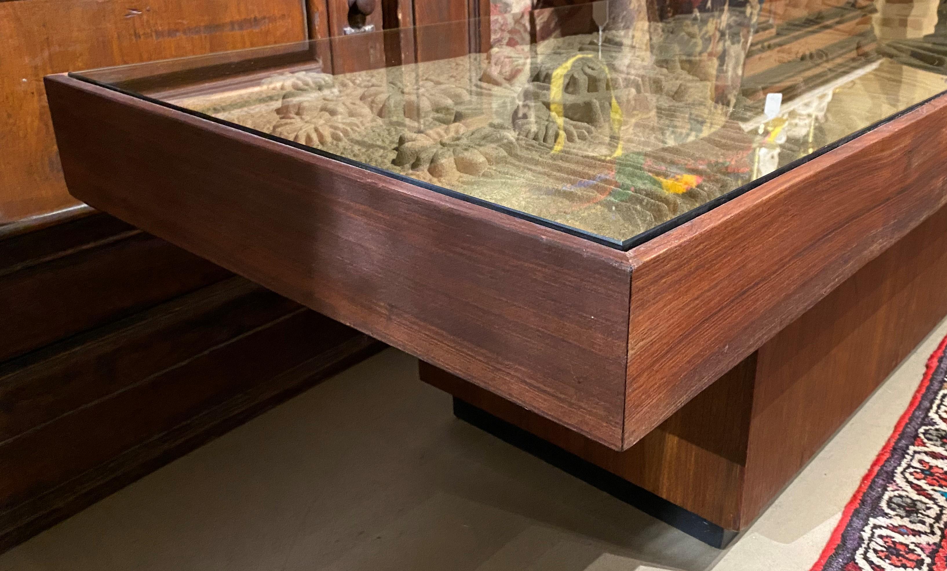 Polished Shadow Box Sand Sculpture Glass Top Coffee Table, circa 1970’s