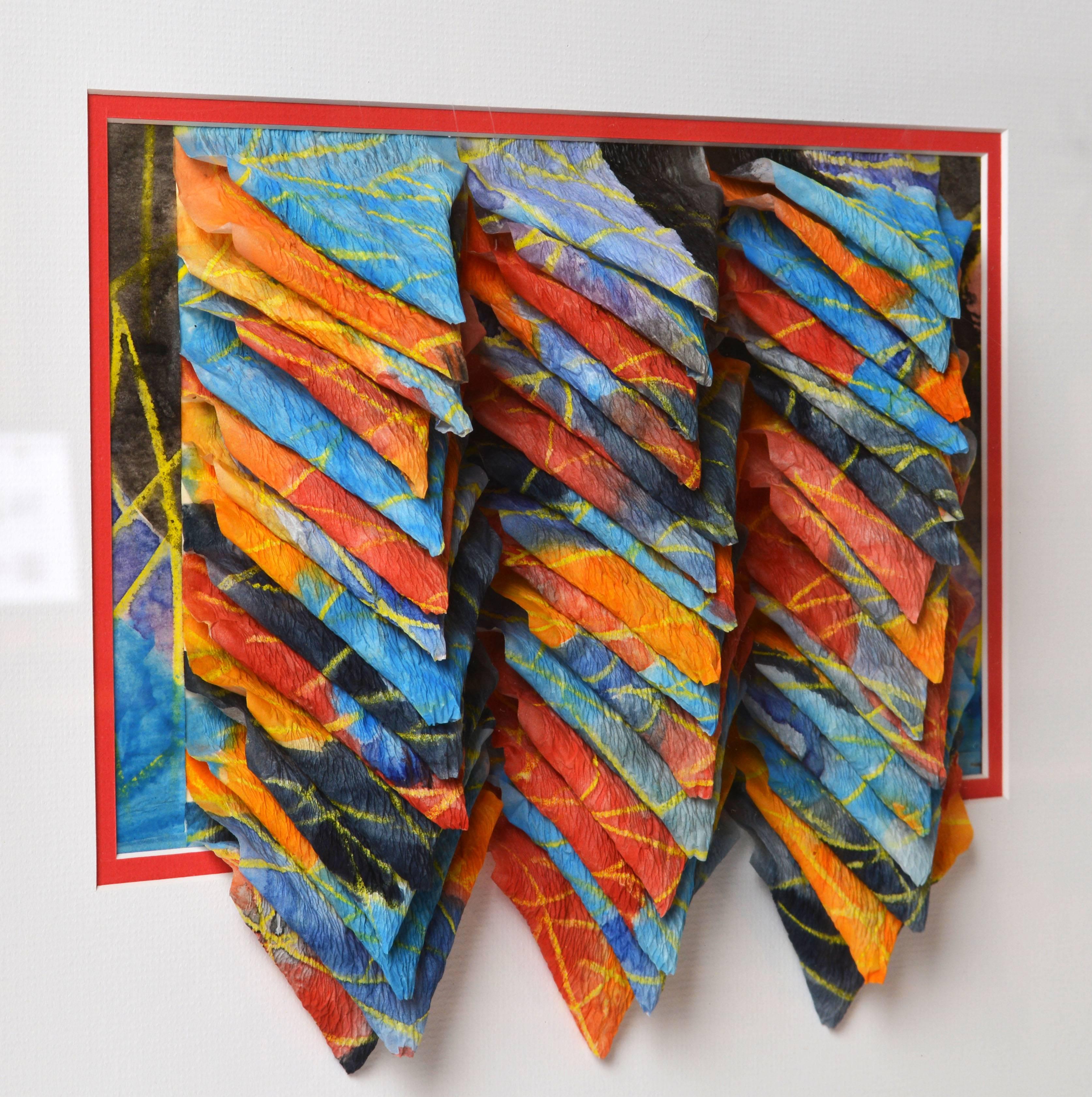 Three dimensional wall sculpture by Akiko Sugiyama
Paper, glass and paint, framed in pine shadow box.
Size of motif: 10 x 11 inches. Size of shadow boxes: 24 x 26.5 x 3.75 inches.
Signed.

Akiko Sugiyama:
Akiko Sugiyama's creates intricate,