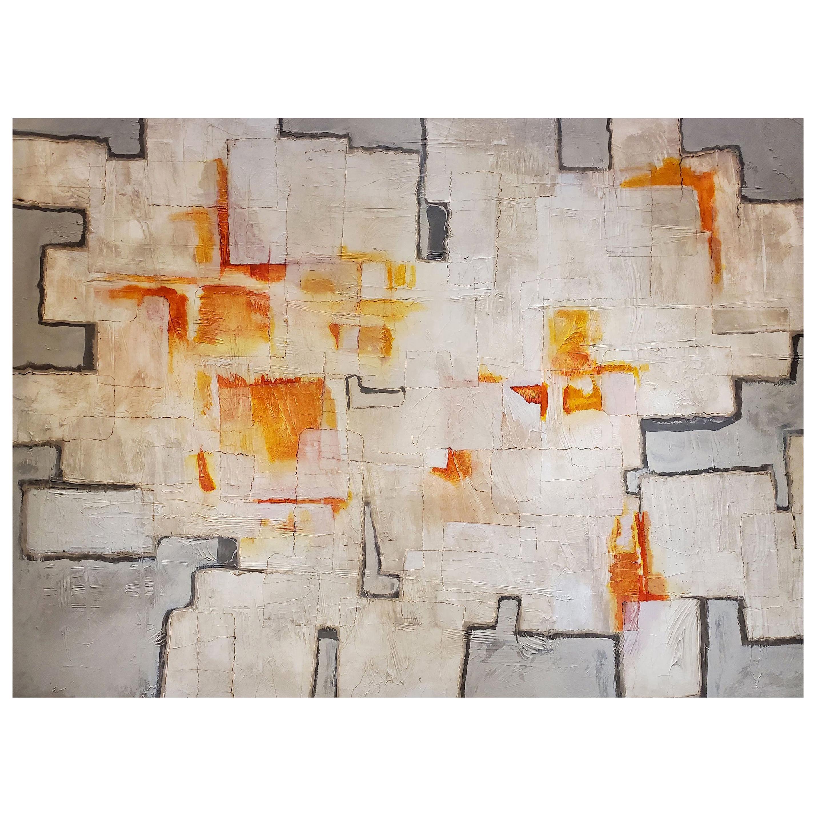 "Shadow Fires", Orange, White, Grey Abstract Mixed-Media Painting on Canvas