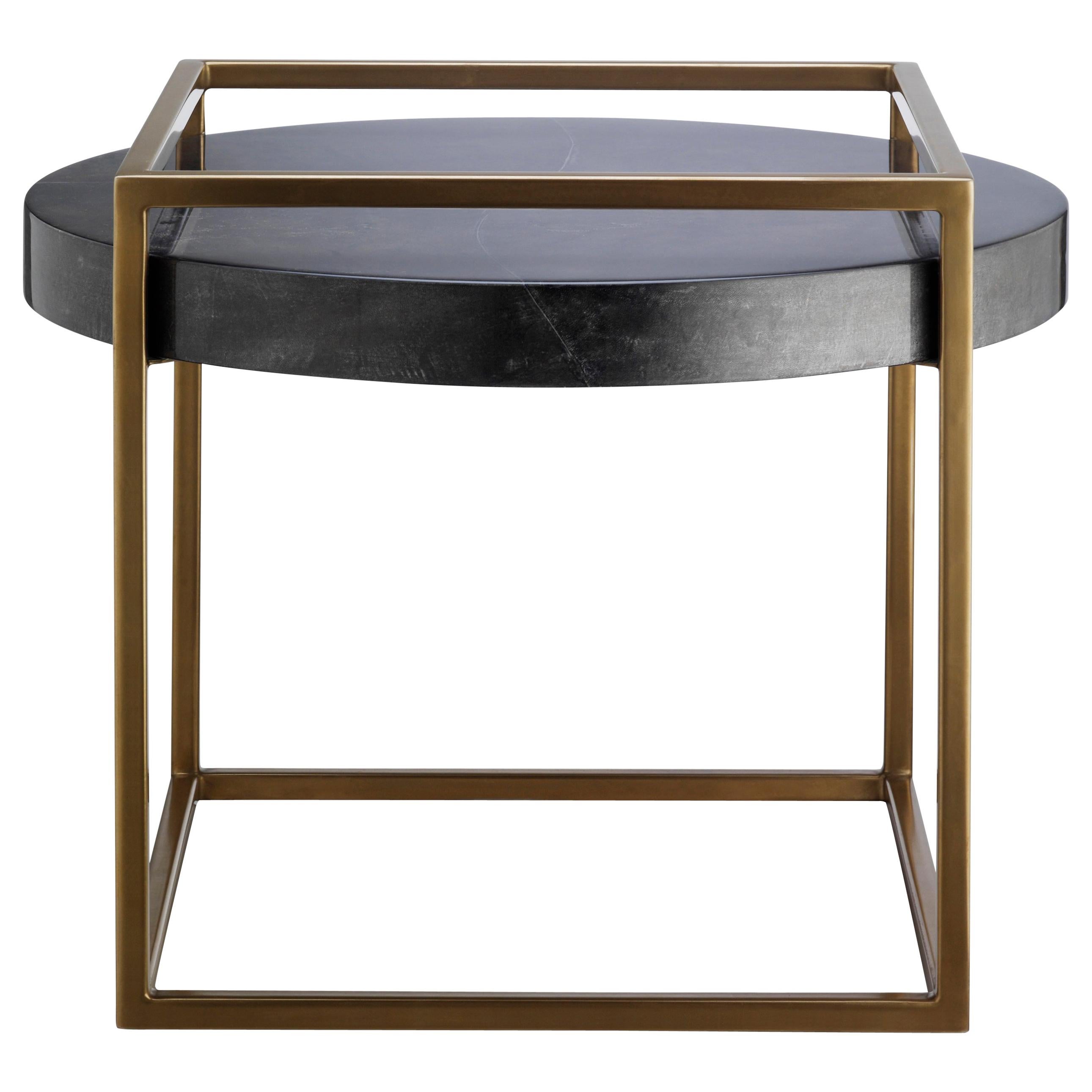 Shadow Side Table, Low Side Table with Parchment Top and Liquid Metal Frame im Angebot