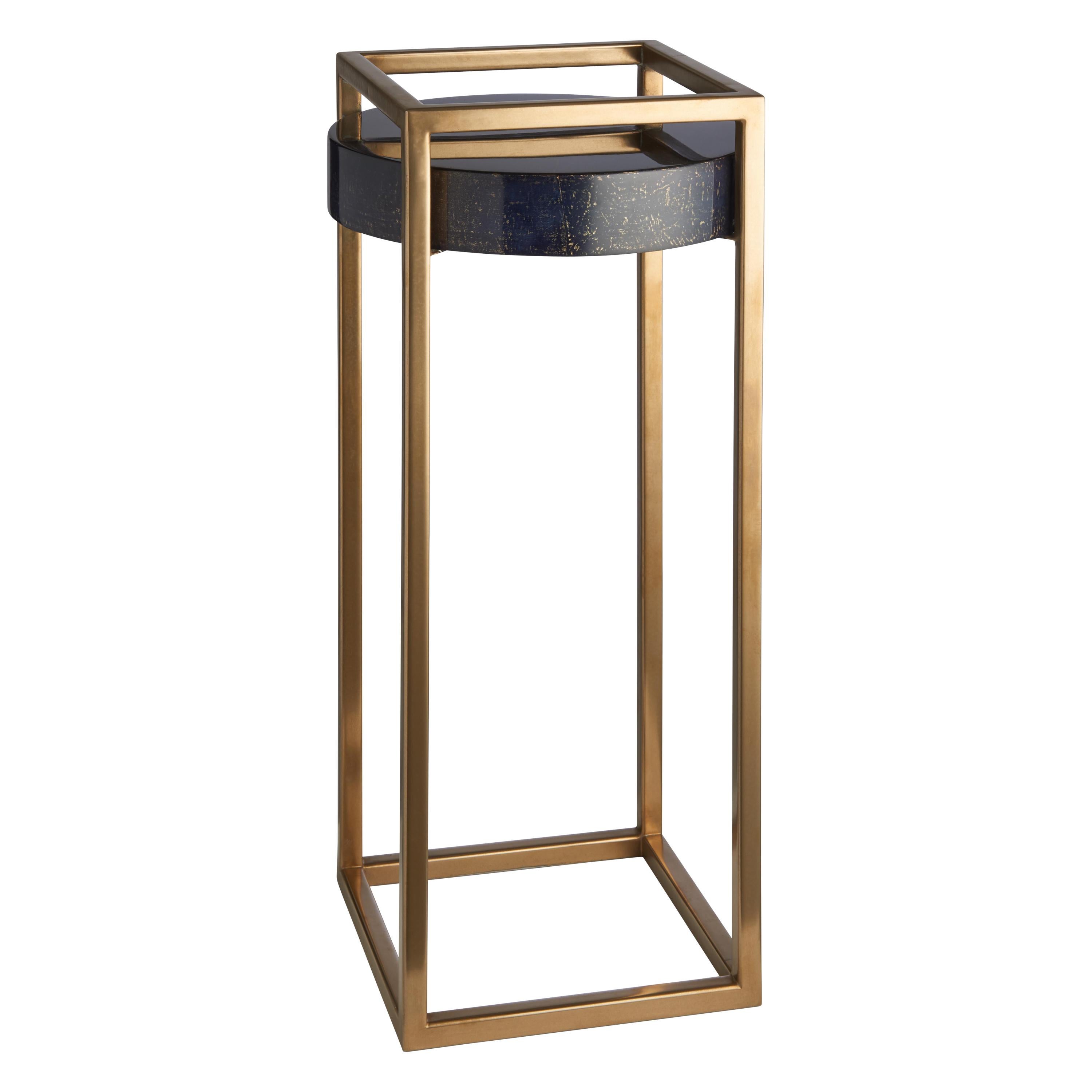 Shadow Side Table, Tall Slim Table with Parchment Top and Liquid Metal Frame For Sale