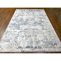 Shadow White with Blue Hand Knotted Soft Pile Undyed Wool Nepali Oriental Rug