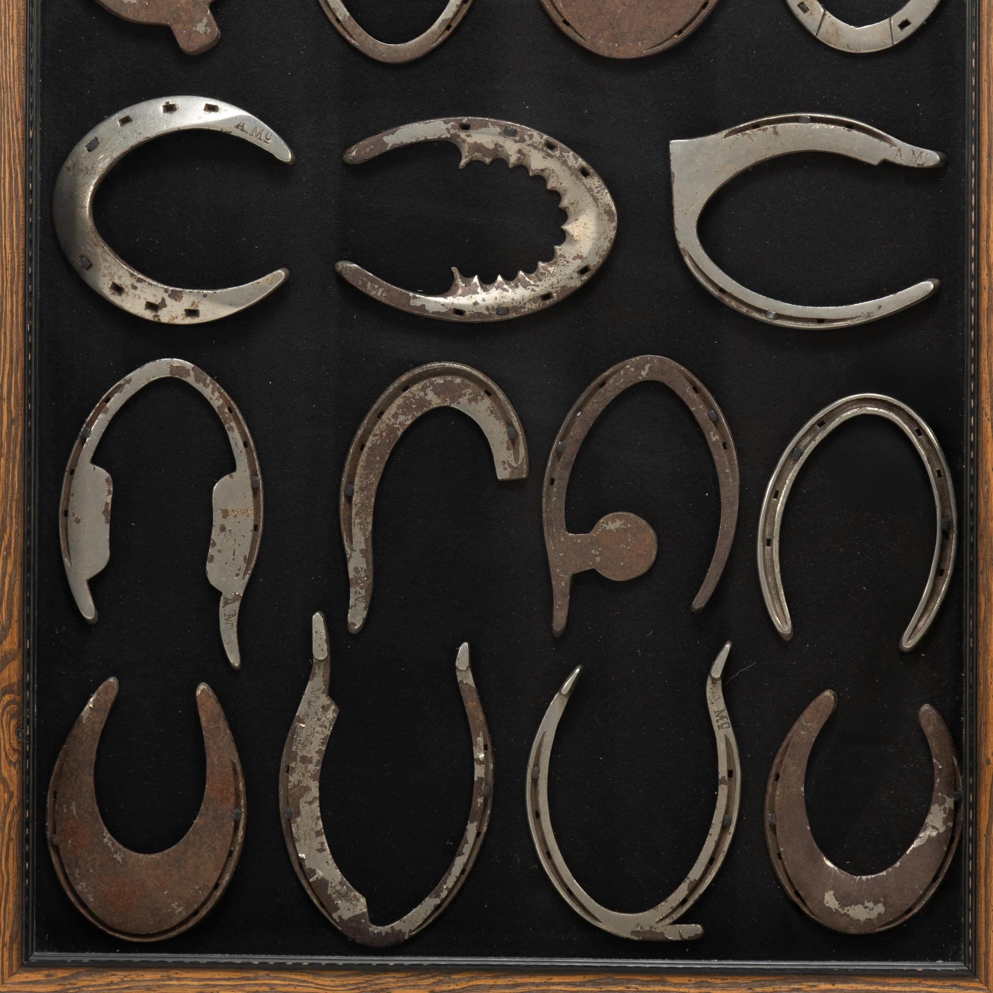 Maniscalco d'epoca con ferri di cavallo correttivi, appeso alla parete in una scatola d'ombra. Intrigante e meravigliosa vetrina che espone 19 diversi ferri di cavallo correttivi. Su diverse scarpe sono impresse le iniziali 
