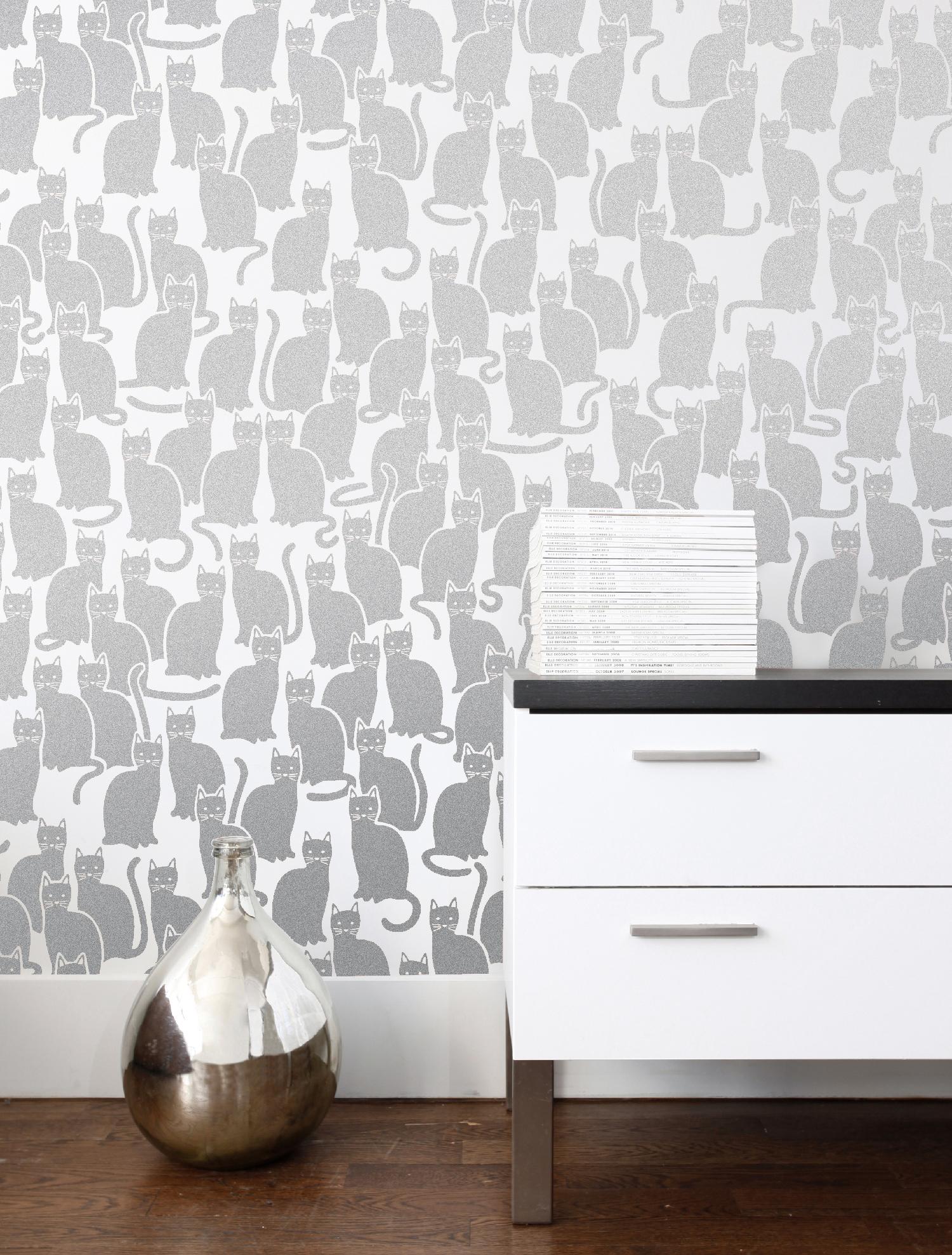 American Shadowcat Designer Wallpaper in Glimmer 'Metallic Silver on Soft White' For Sale