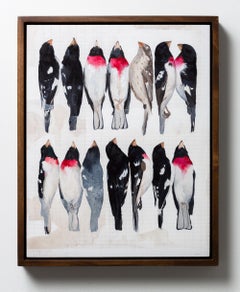 "Rose-breasted Grosbeaks", Framed Bird Study Acrylic Painting on Panel