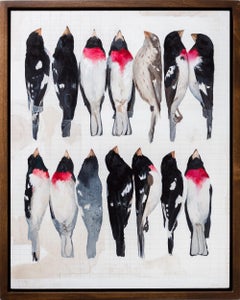 "Rose-breasted Grosbeaks", Framed Bird Study Acrylic Painting on Panel
