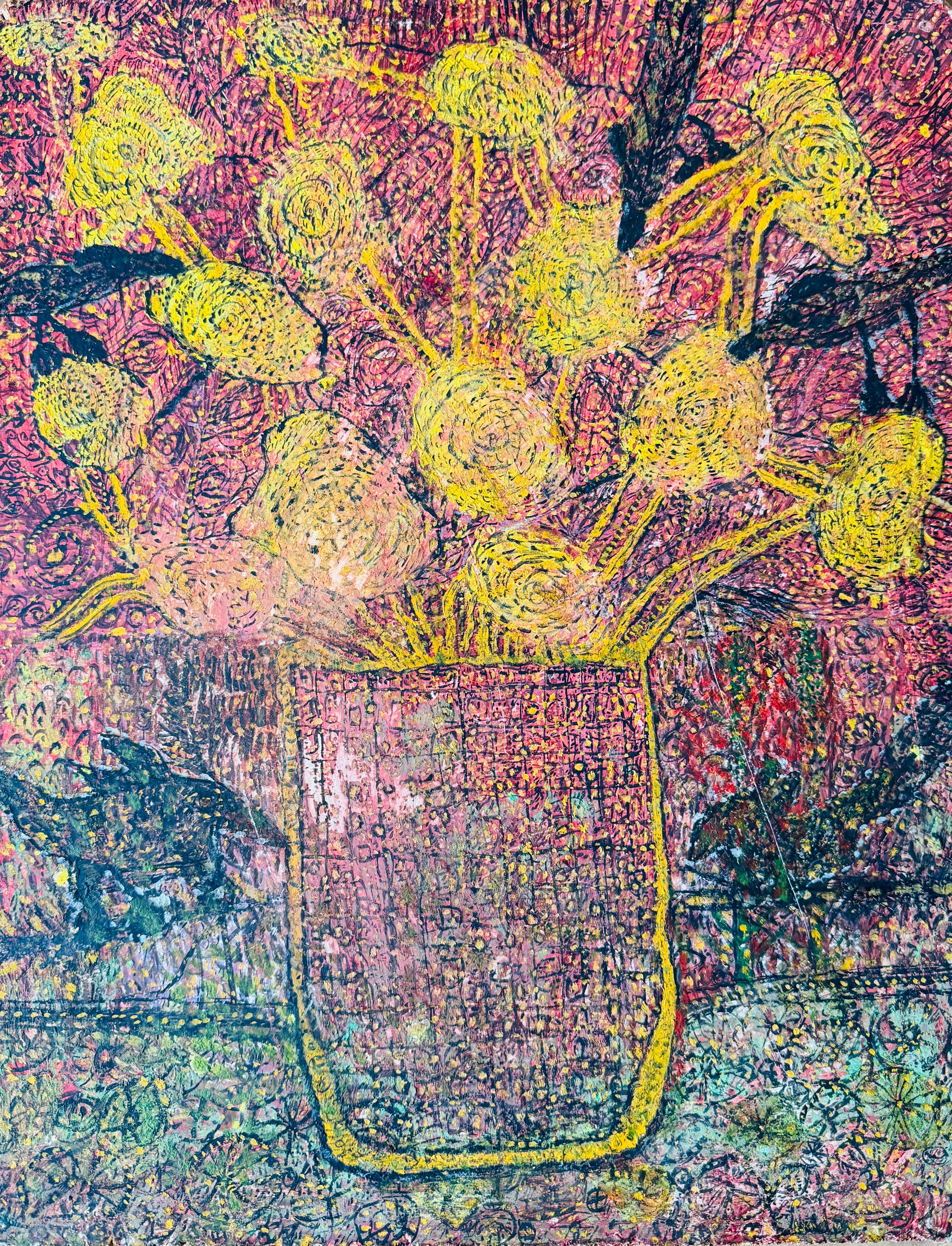 Outsider Art Nature morte Artiste bangladais Huile jaune et techniques mixtes sur panneau