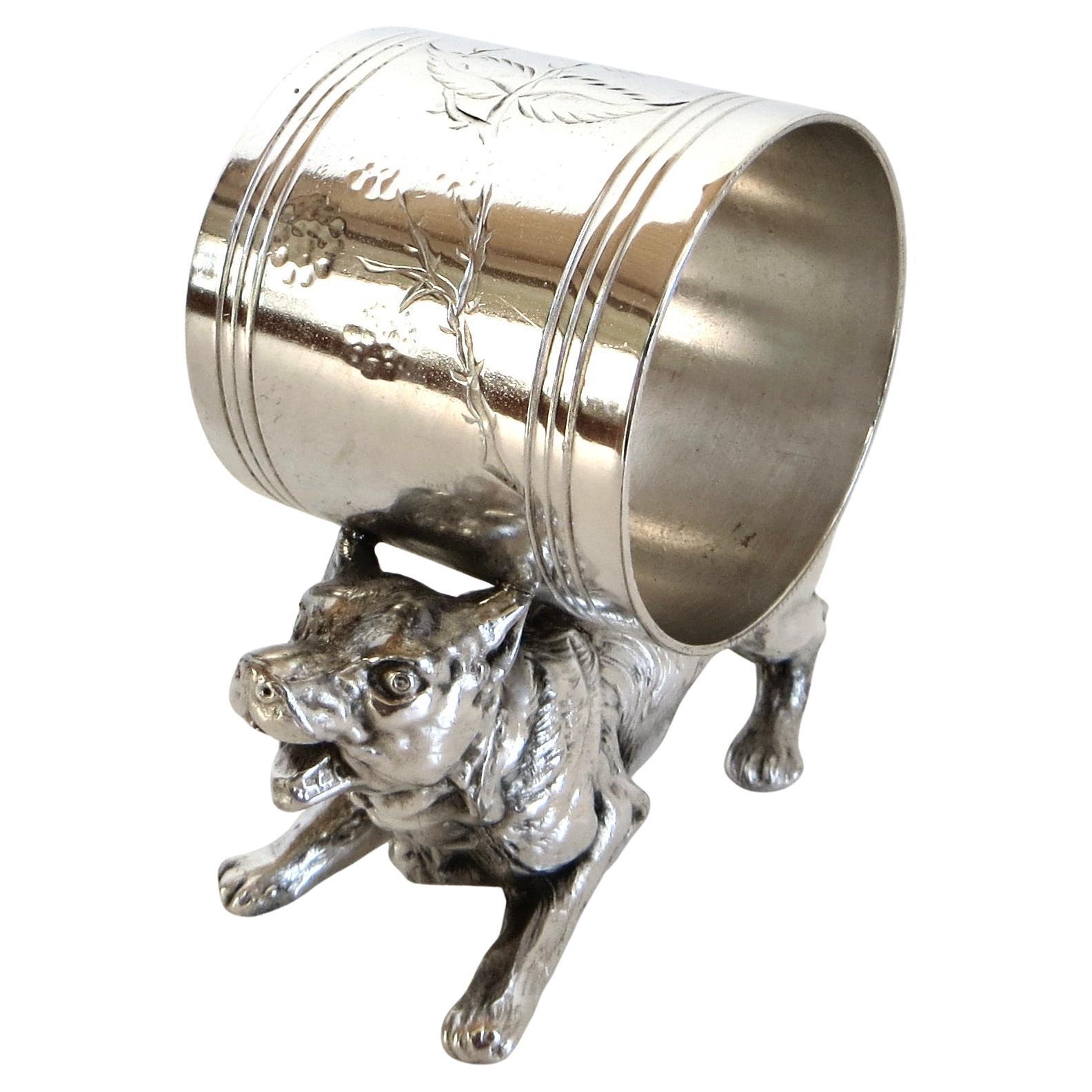 "Shaggy Barking Dog" Silver Plated Figural Victorian Napkin Ring by Pairpoint Co