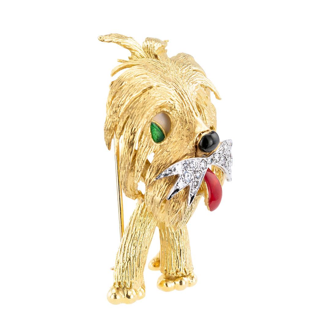 Shaggy dog whimsical clip brooch with diamonds enamel and 18 karat yellow gold, circa 1970.  The enamel applications lend realistic qualities to the design. This is a very cute shaggy dog clip brooch bound to bring a smile to any lover of canines. 