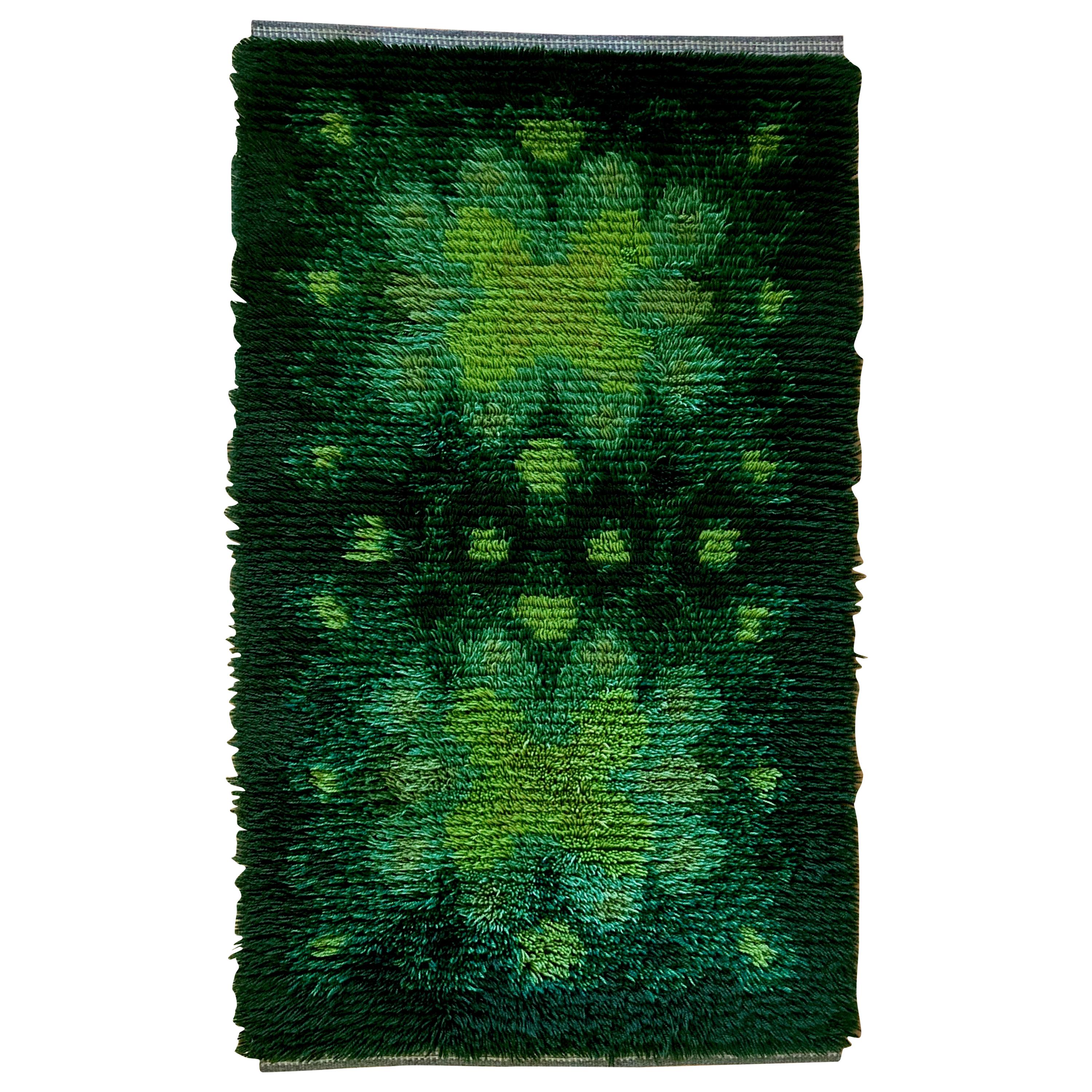 Shaggy Green Midcentury Scandinavian Rya Matta Rug or Wall Hanging