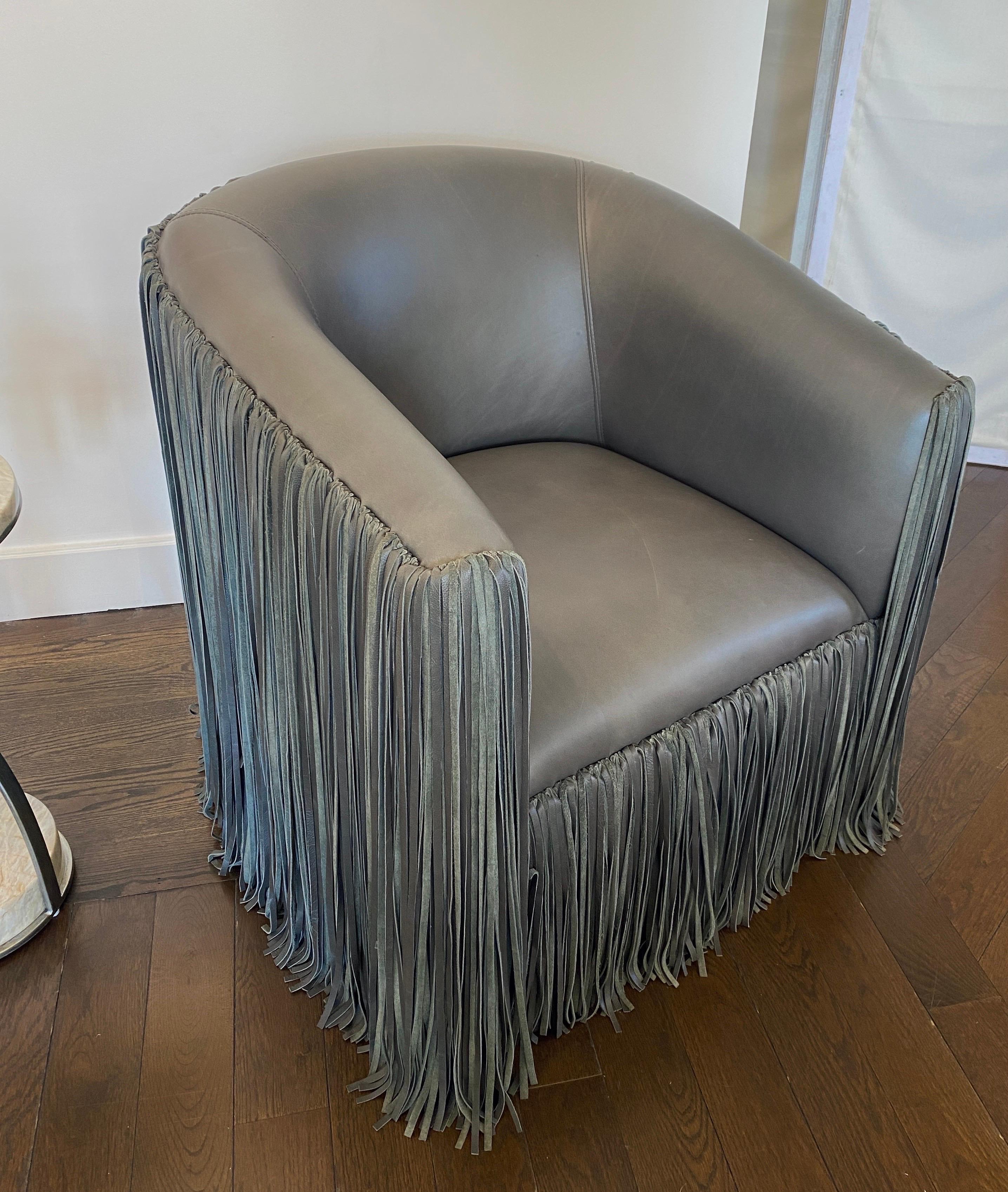 Shaggy Leather Swivel Armchair by Ngala Trading Co. In Good Condition In Bridgehampton, NY