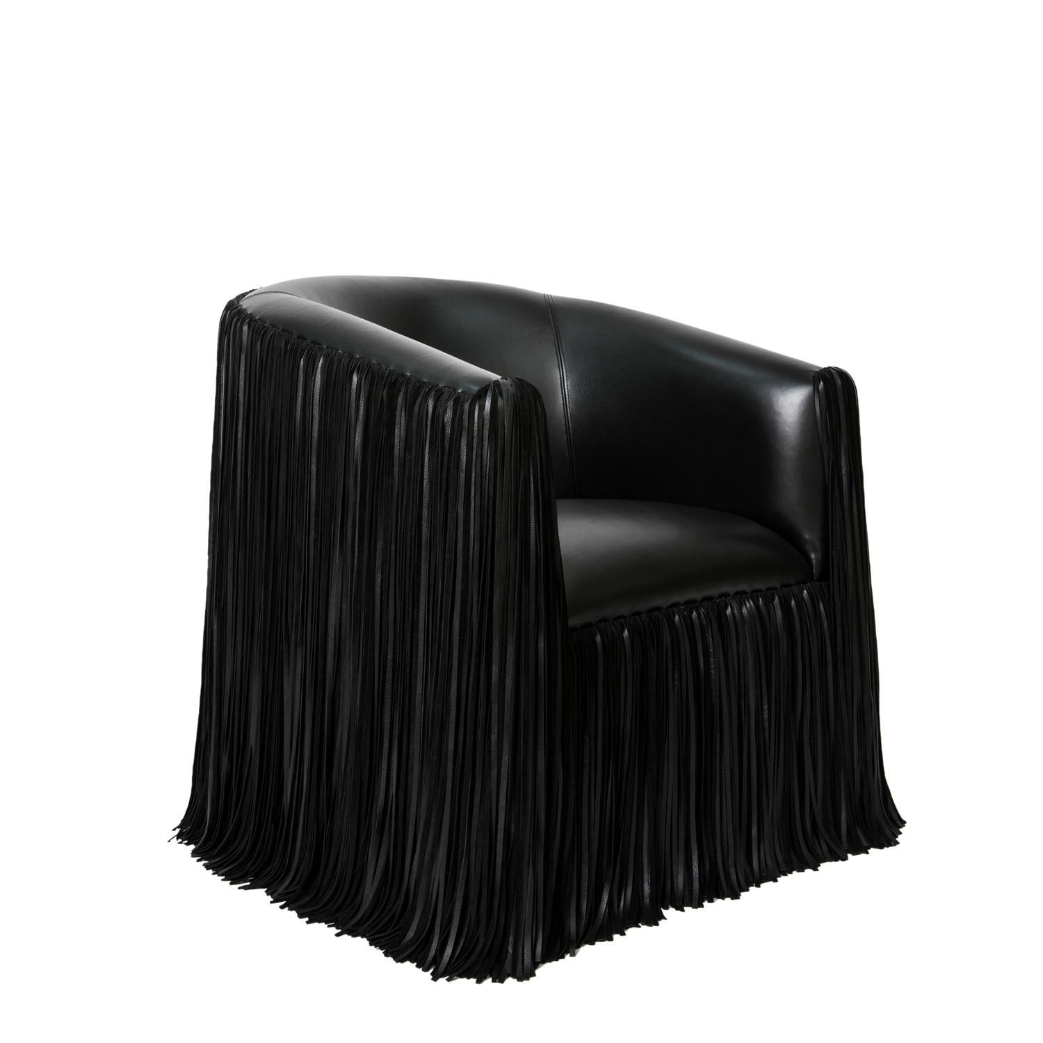 South African Chair - Shaggy Leather Swivel in Black For Sale