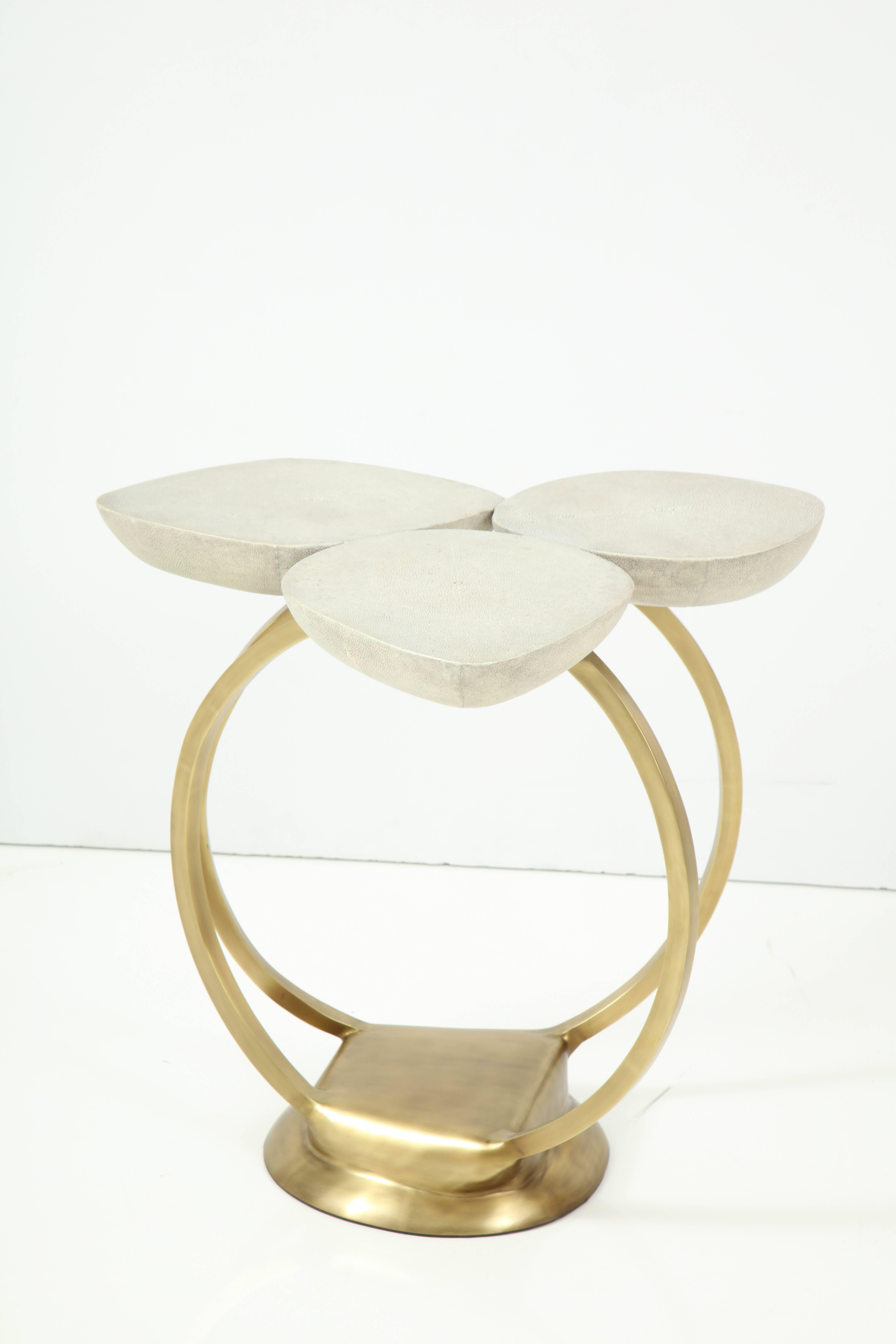 Shagreen Side Table with Brass Base, Cream Shagreen, Contemporary, Floral Design 3
