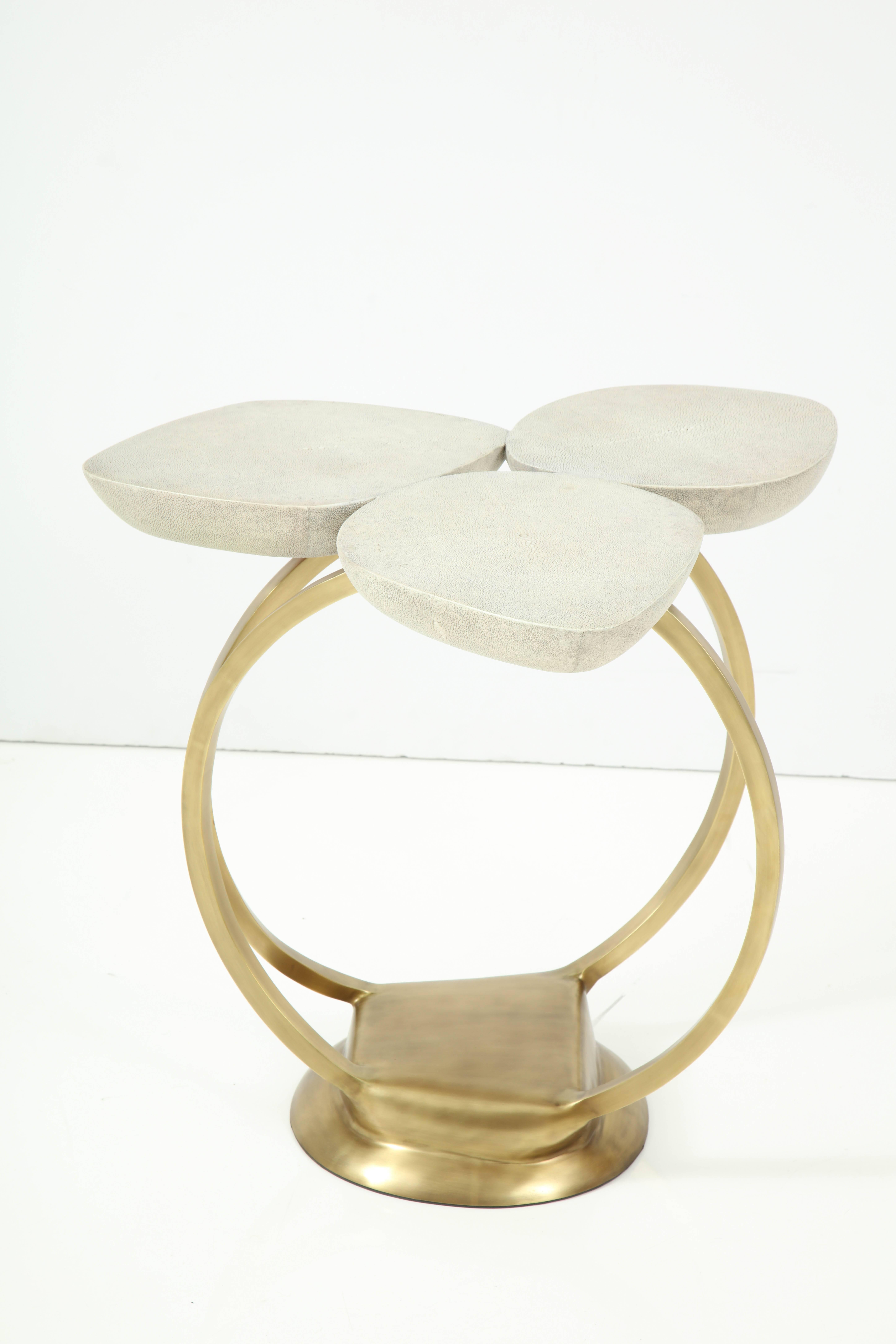 Modern Shagreen Side Table with Brass Base, Cream Shagreen, Contemporary, Floral Design For Sale