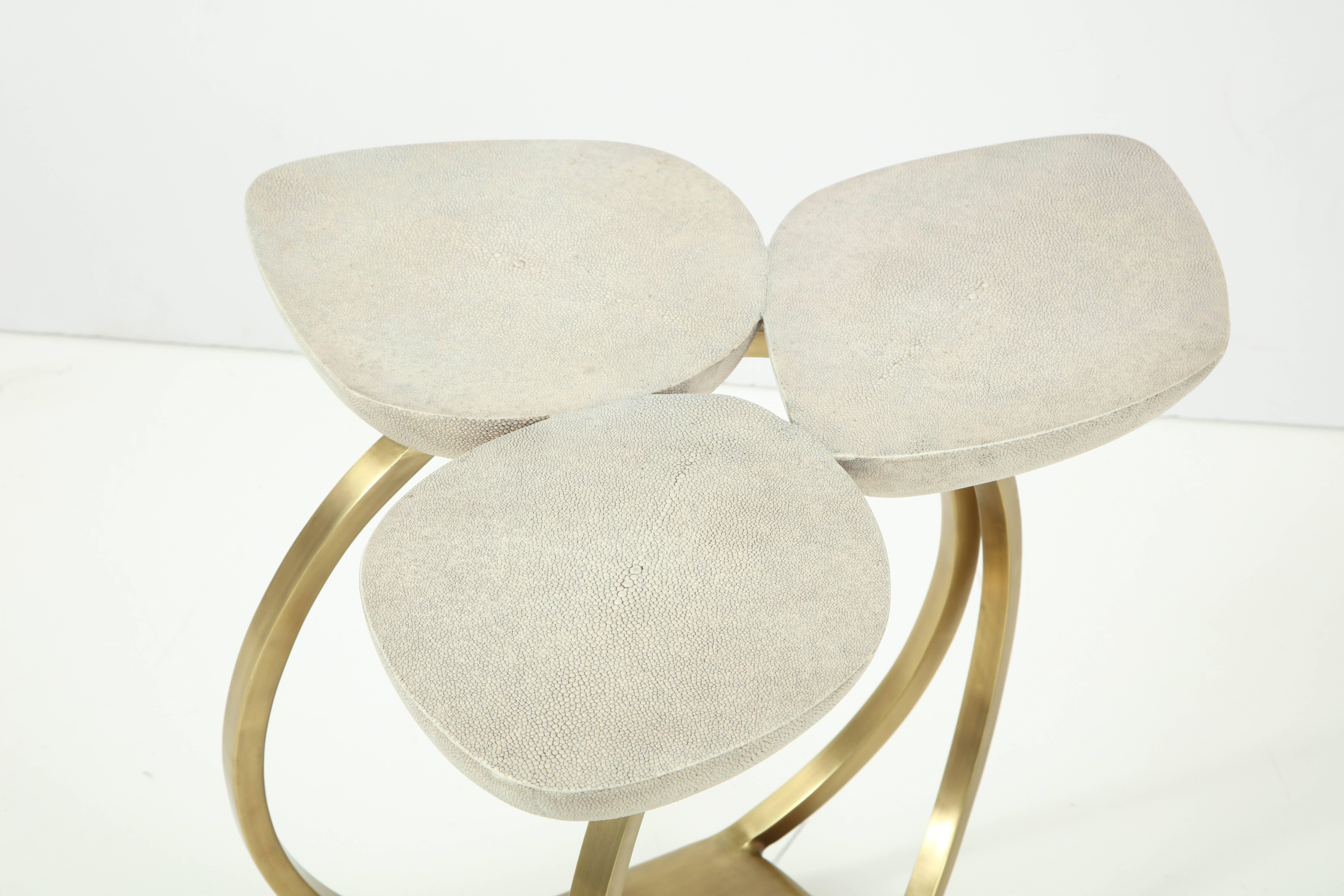 Modern Shagreen Side Table with Brass Base, Cream Shagreen, Contemporary, Floral Design