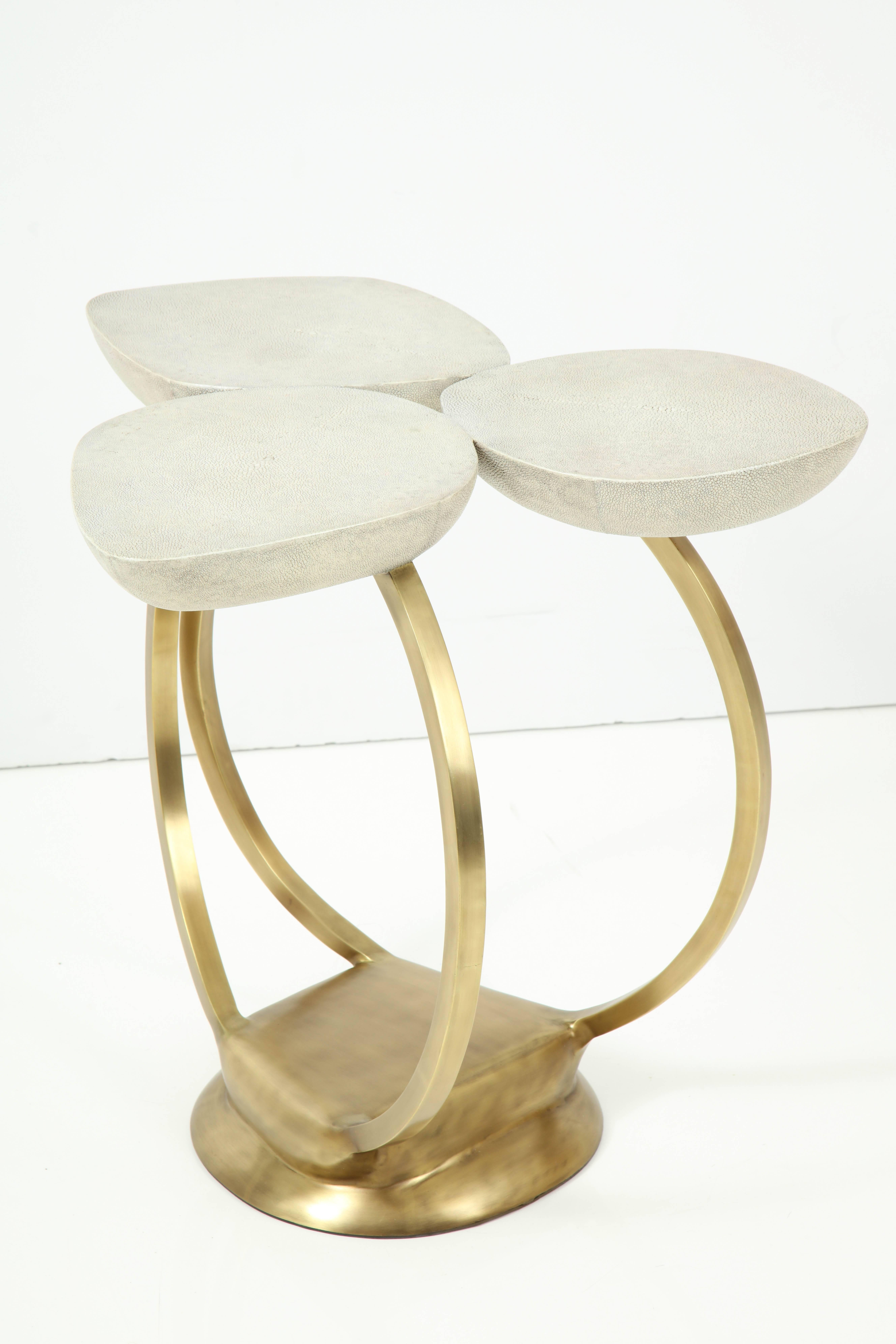 Hand-Crafted Shagreen Side Table with Brass Base, Cream Shagreen, Contemporary, Floral Design For Sale