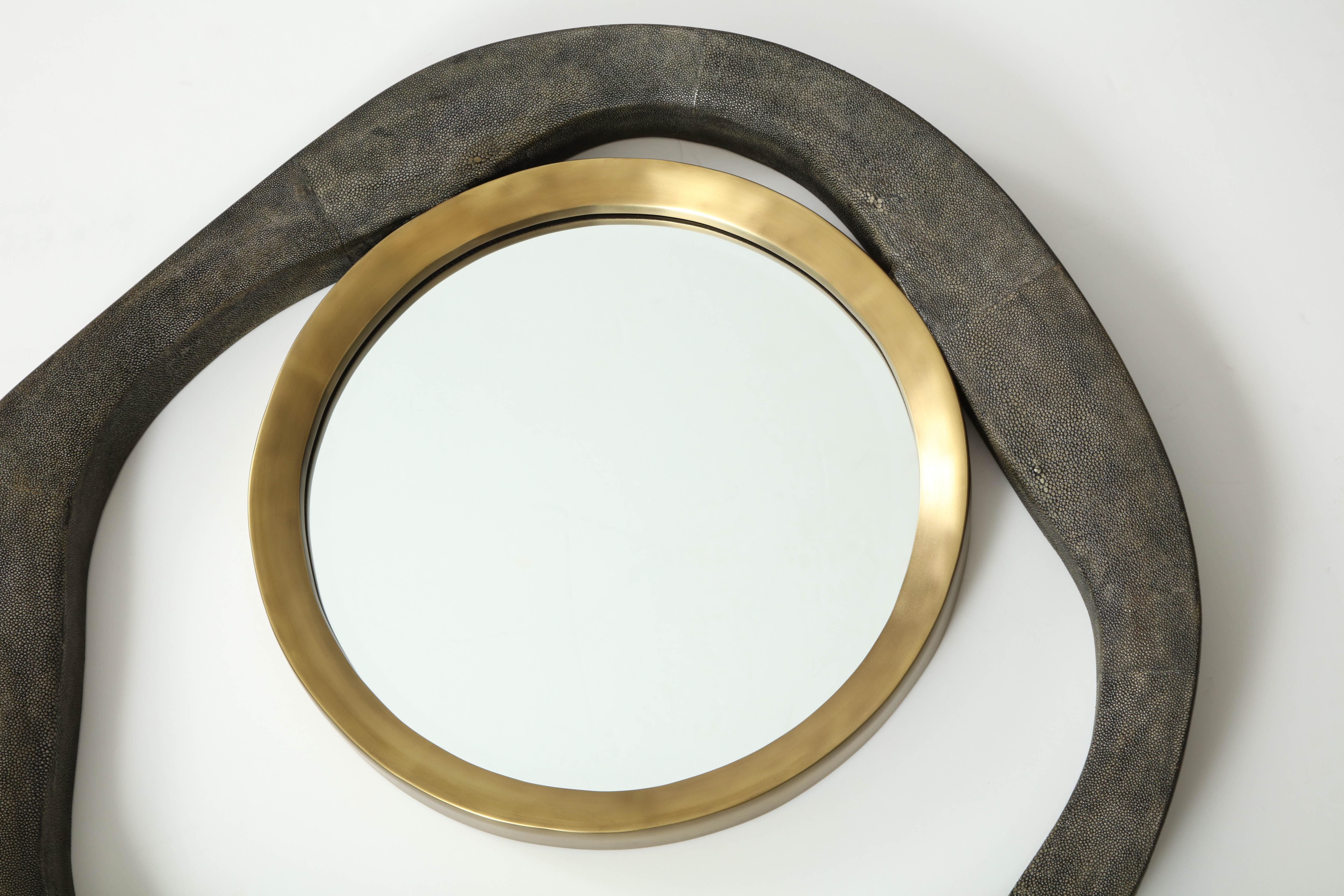 Hand-Crafted Mirror, Shagreen, Black Color with Brass Details, Contemporary, Organic Shape