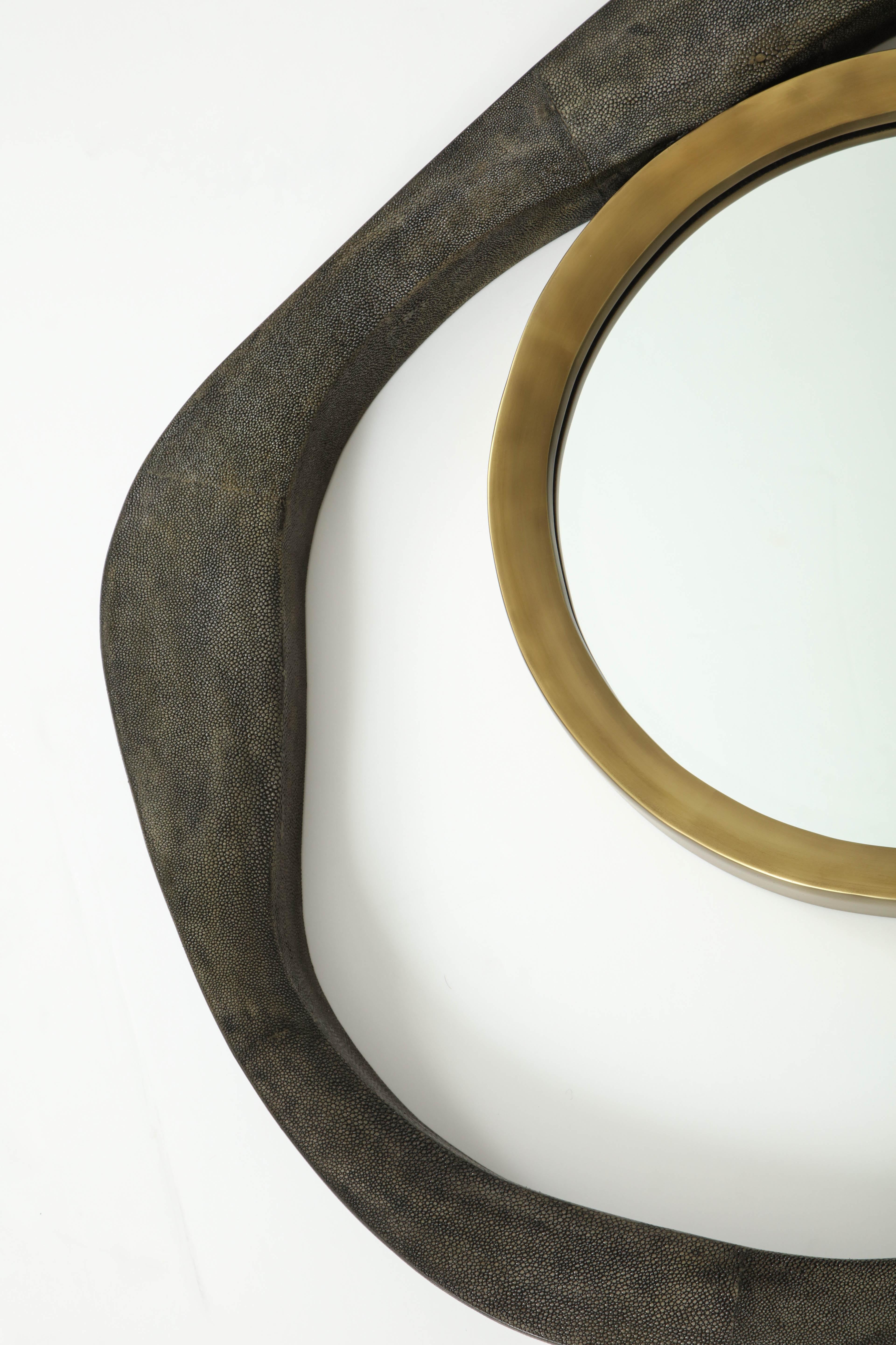 Mirror, Shagreen, Black Color with Brass Details, Contemporary, Organic Shape In New Condition In New York, NY