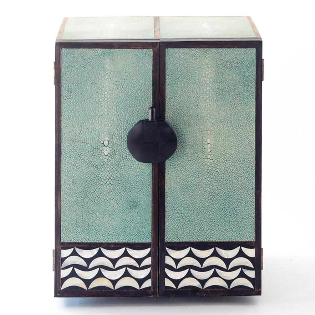 Shagreen, stained wood, and mother of pearl tabletop jewelry chest, stamped R&Y AUGOUSTI – LONDON, circa 1990.