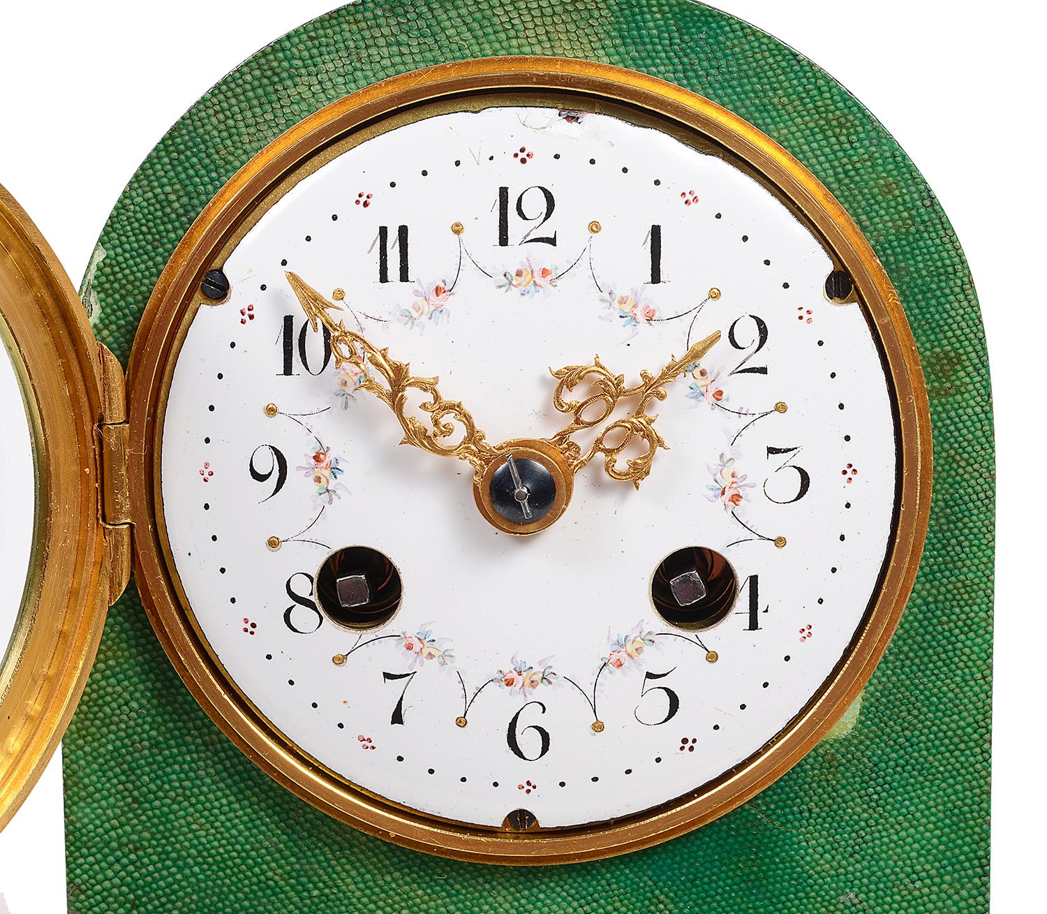 French Shagreen and Ormolu Mantel Clock, circa 1900 For Sale
