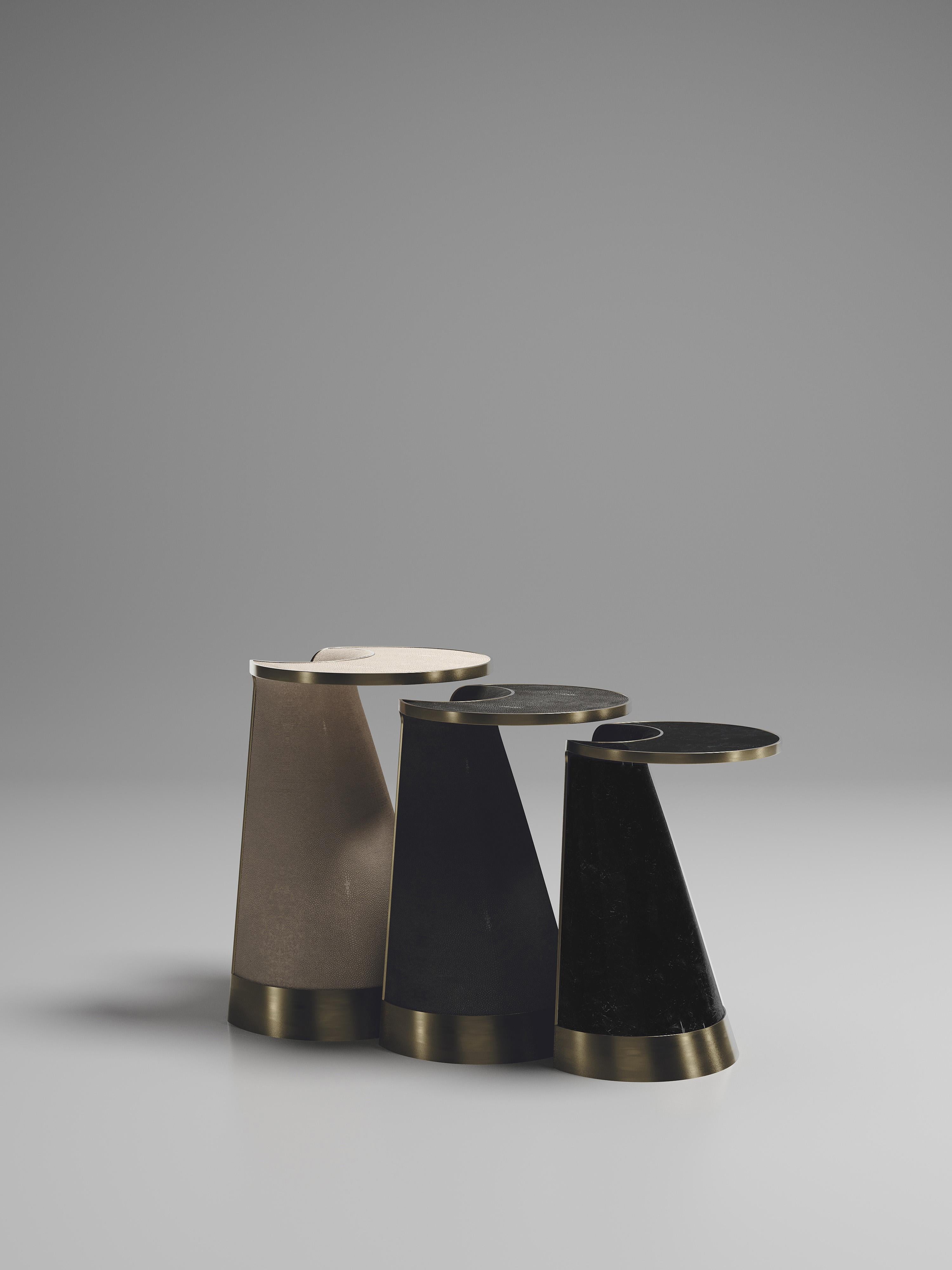 Art Deco Shagreen and Shell Nesting Side Tables with Brass Inlay by R&Y Augousti For Sale