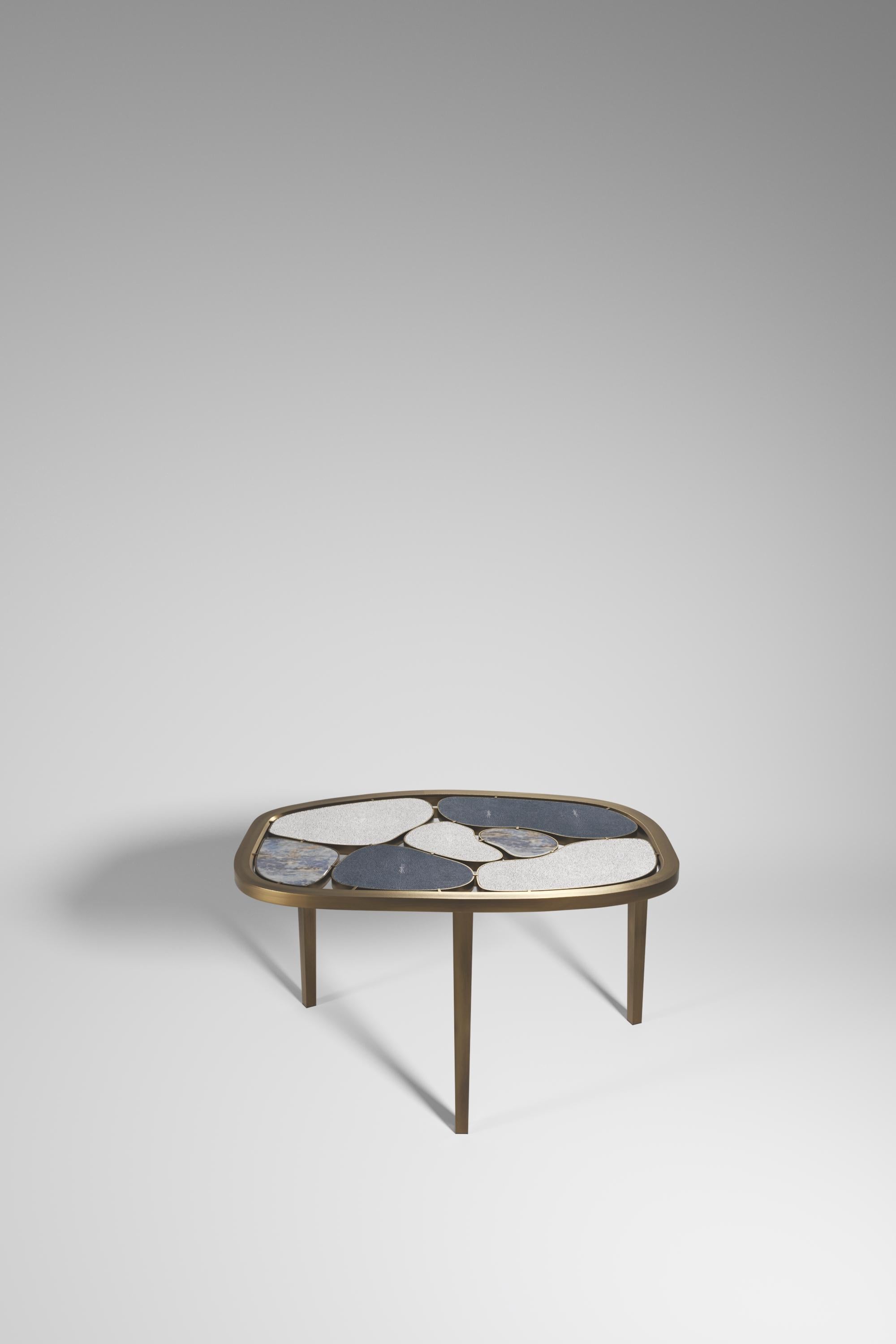 Philippine Shagreen and Stone Inlay Nesting Coffee Table with Brass Details by Kifu Paris For Sale