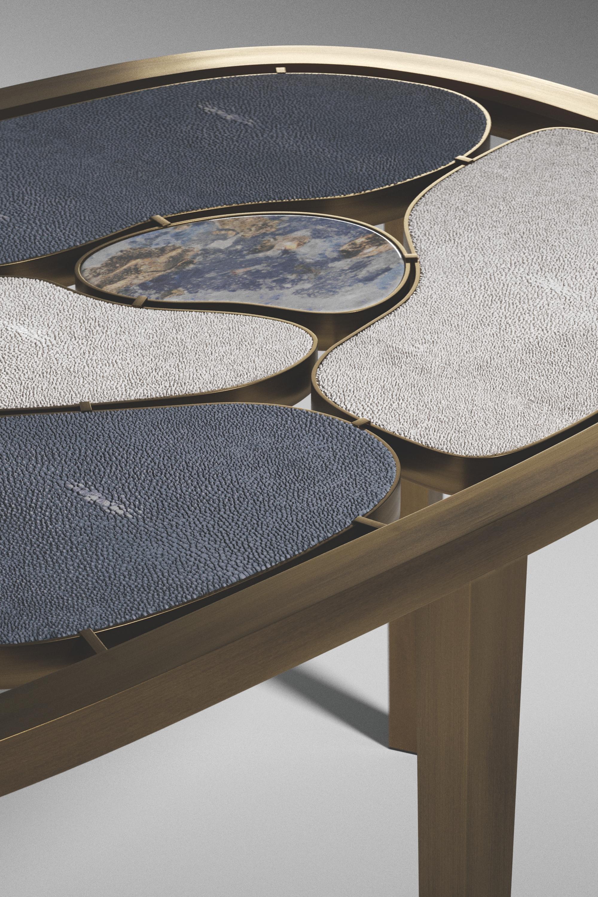 Philippine Shagreen and Stone Inlay Nesting Coffee Table with Brass Details by Kifu Paris For Sale