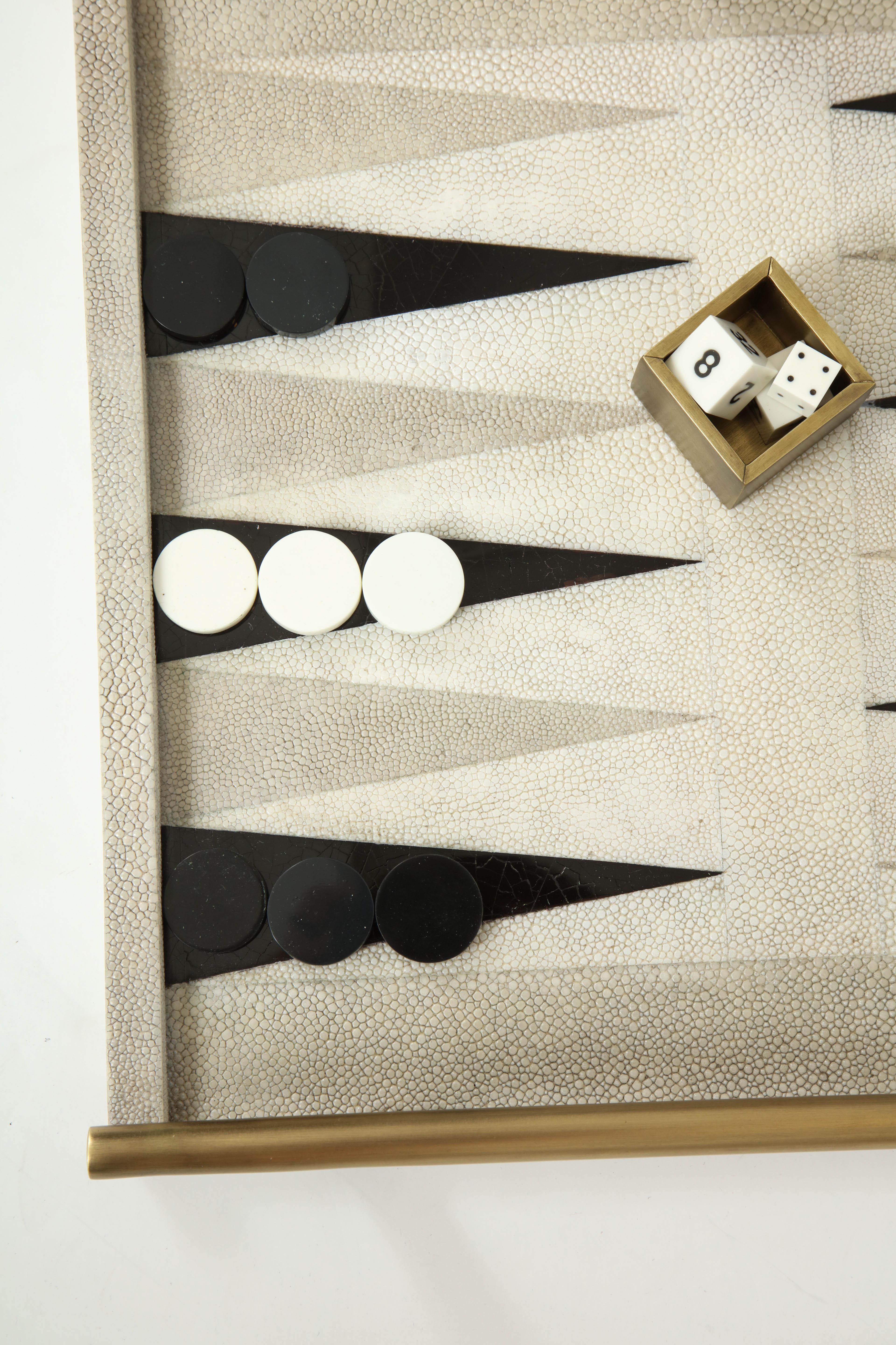 Backgammon Game, Cream Shagreen, Black Sea Shell and Brass Details 3