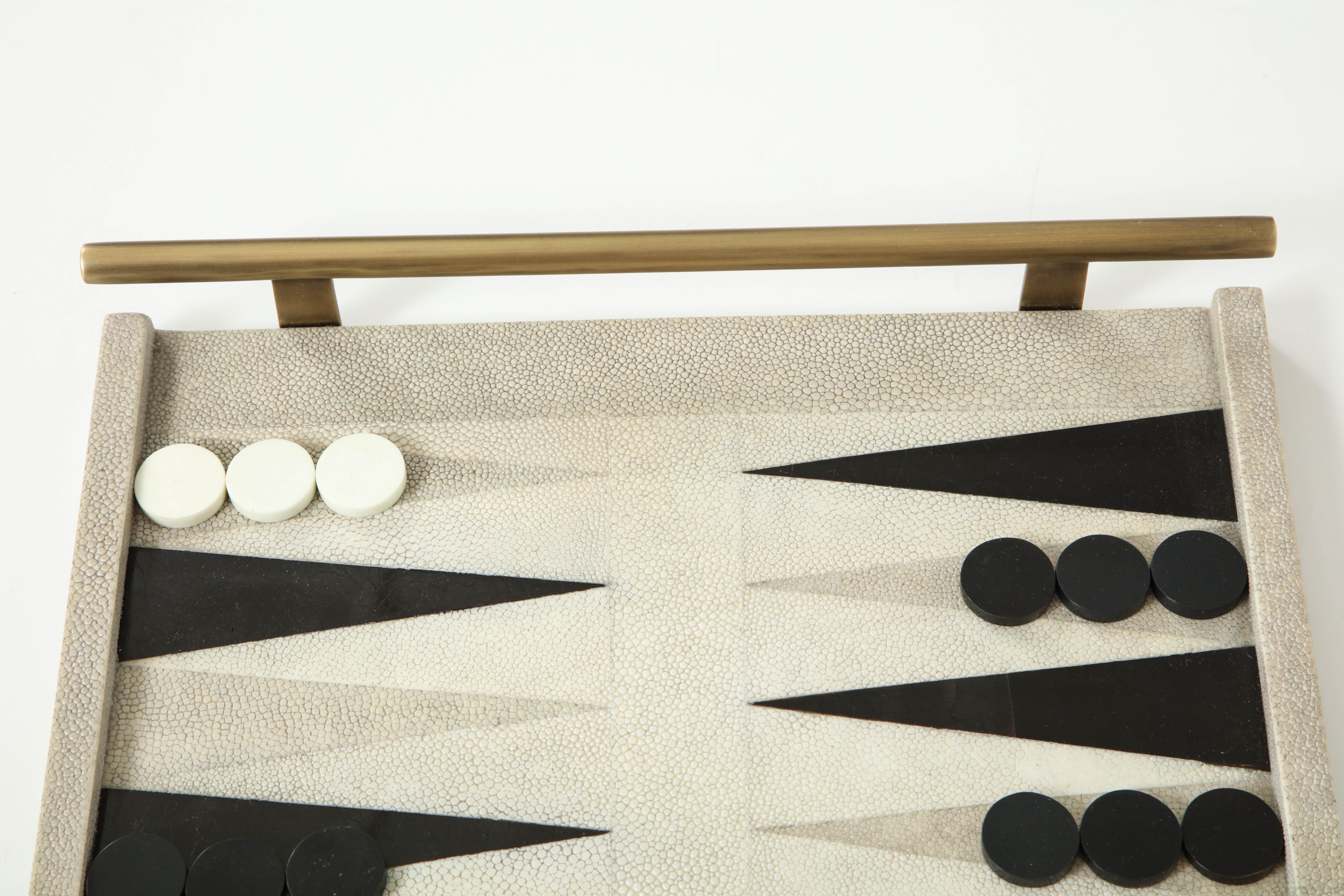 Backgammon Game, Cream Shagreen, Black Sea Shell and Brass Details 4